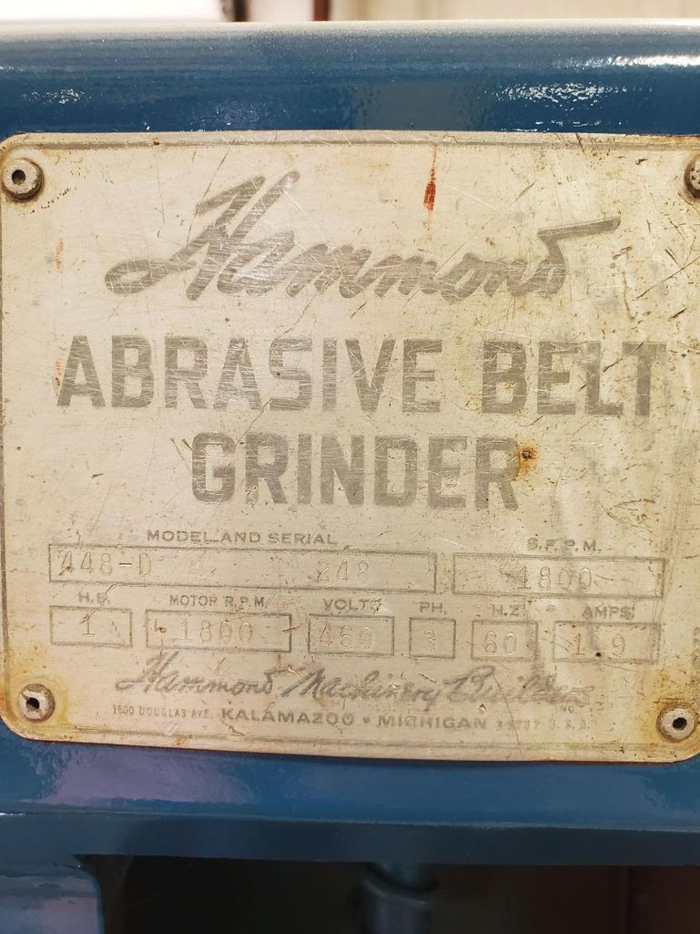 HAMMOND ABRASIVE BELT GRINDER; MODEL 448-D, S/N 248, 1,800 RPM,1.9 AMPS, 60-HZ, 3-PHASE, 460- - Image 6 of 6