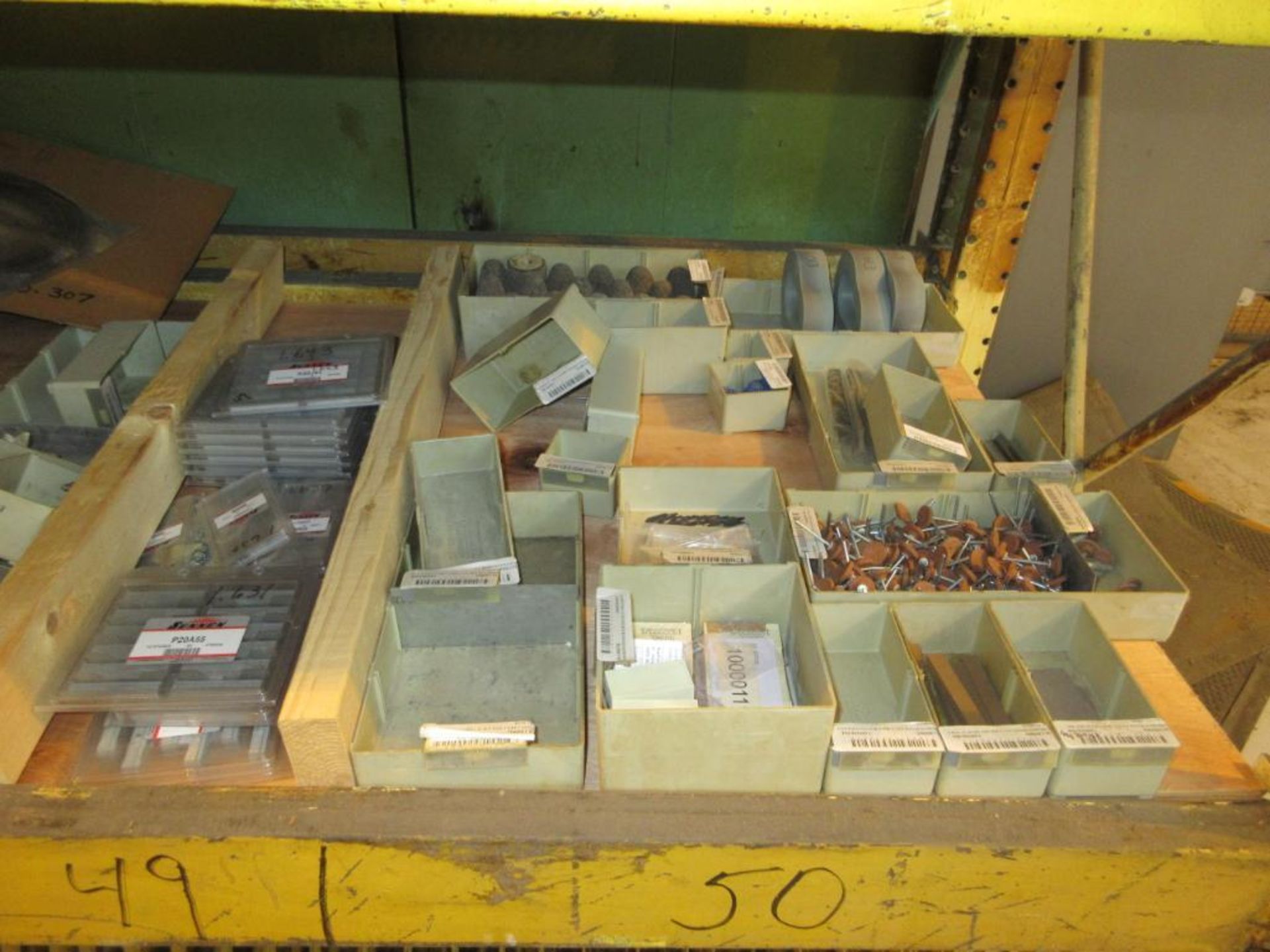 CONTENTS OF (22) SECTIONS PALLET RACK: ASSORTED ABRASIVES, SUNNEN STONES, TOOL BITS, DOVETAIL CUTTER