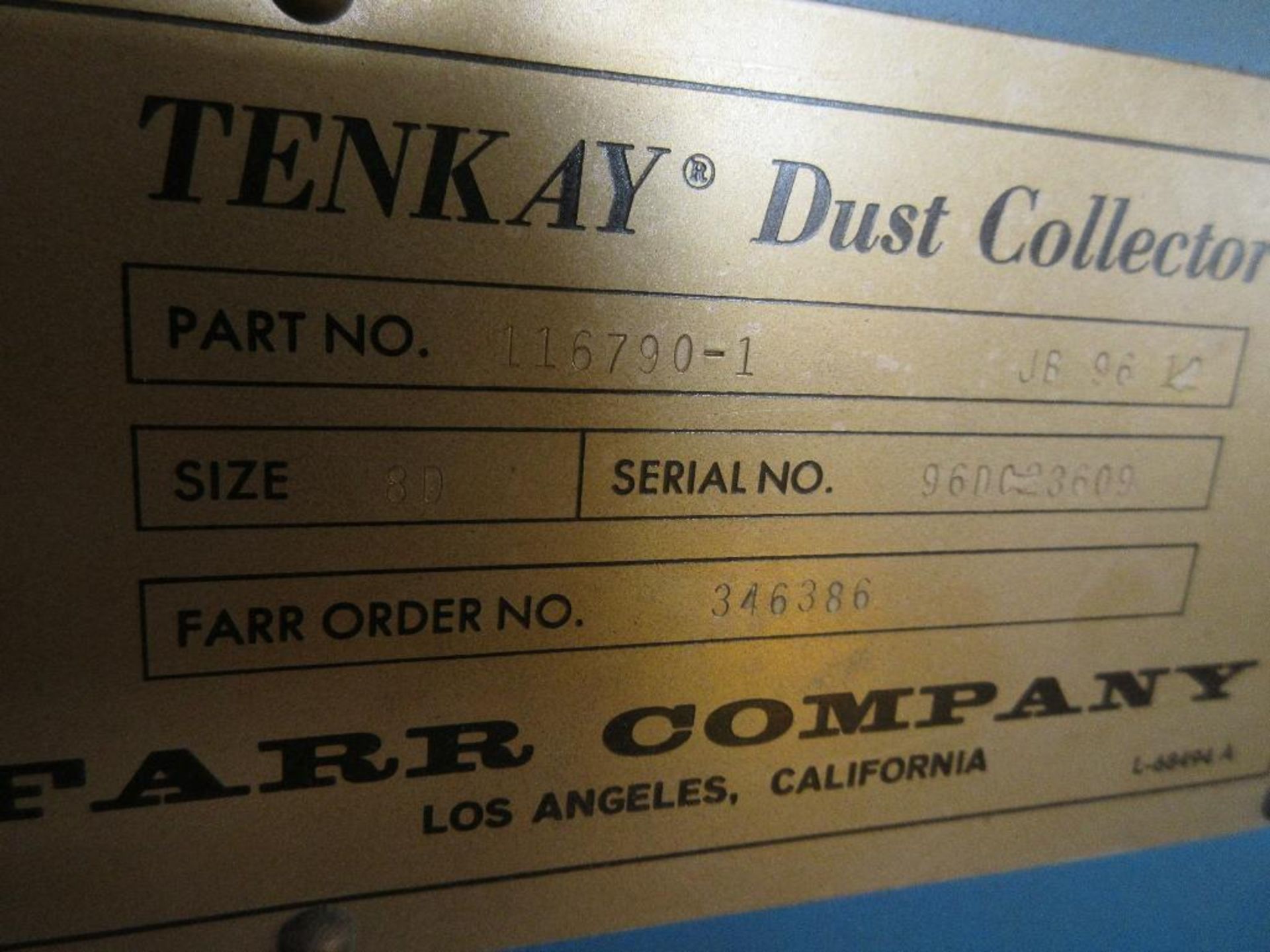 FARR TENKAY DUST COLLECTION SYSTEM JB9612, SIZE 8D, S/N 96DC23609, (DUCTING GOES WITH, FLEXIBLE DROP - Image 3 of 5