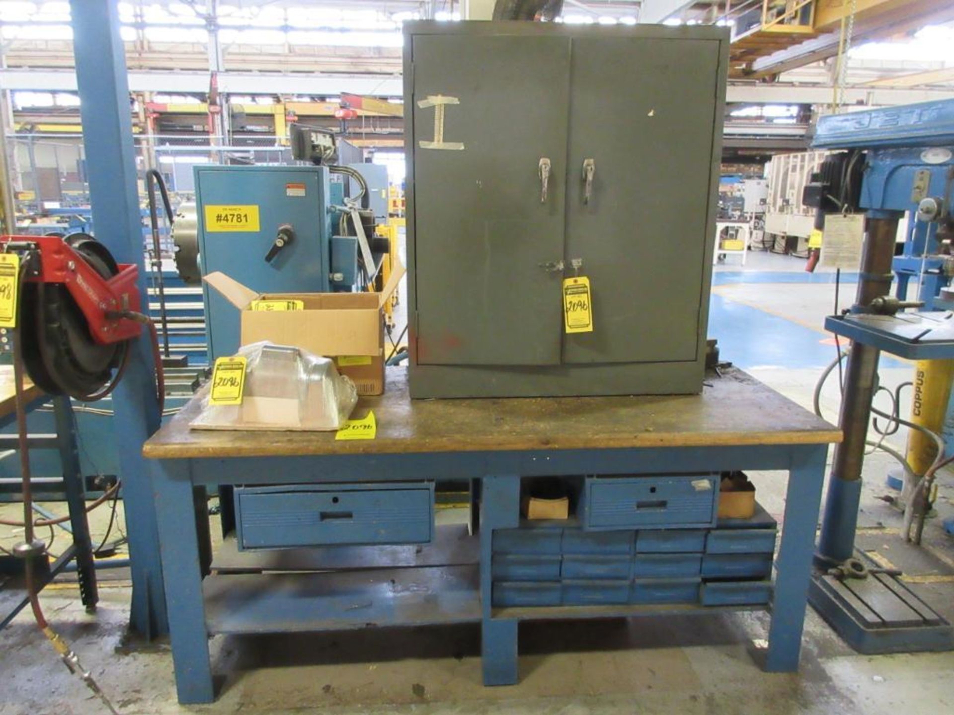 (5) WORKBENCHES, (3) CABINETS W/ CONTENT: ABRASIVES, (2) NEW 1/2 HP. BALDOR MOTORS - Image 4 of 8