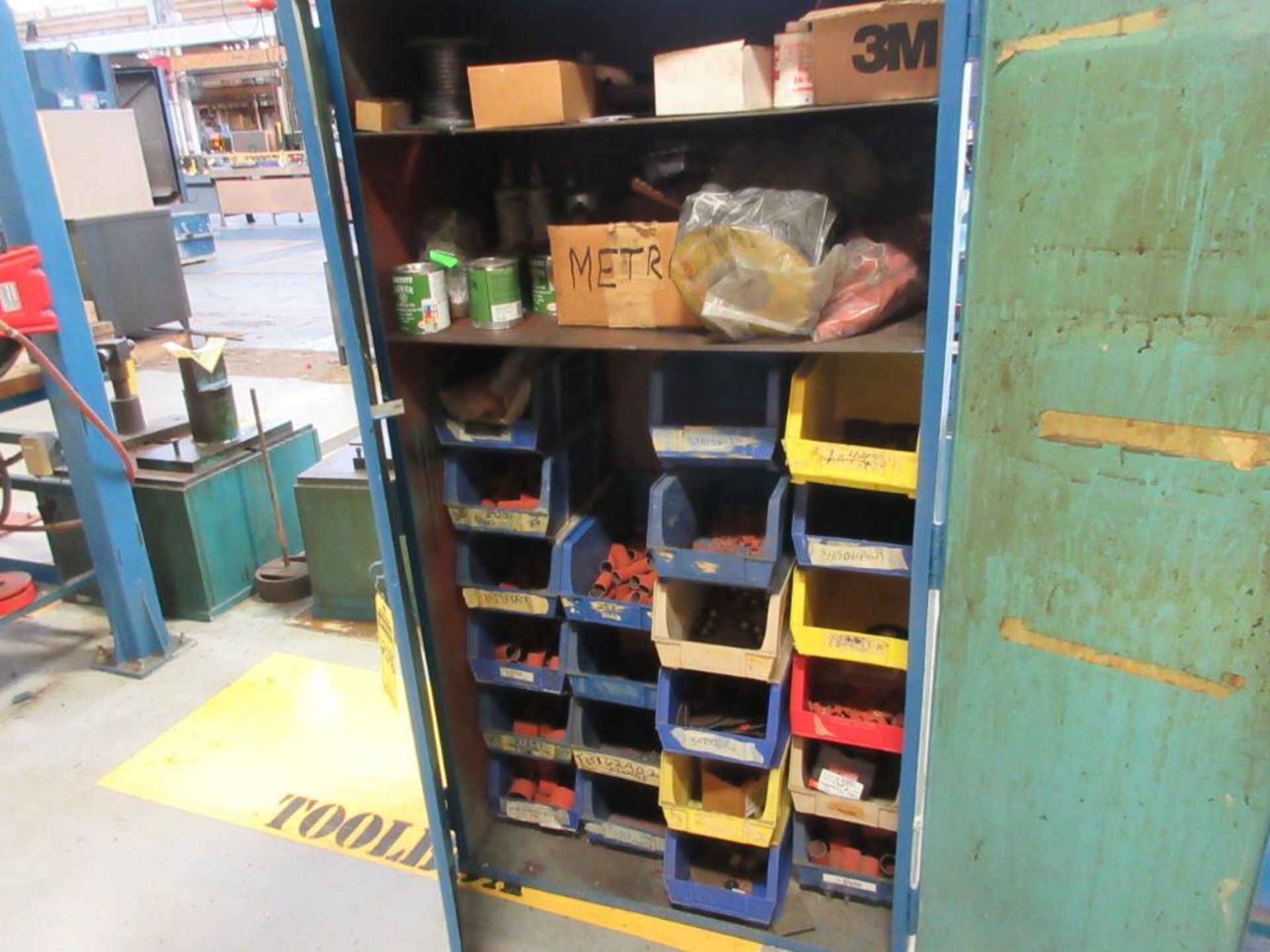 (5) WORKBENCHES, (3) CABINETS W/ CONTENT: ABRASIVES, (2) NEW 1/2 HP. BALDOR MOTORS - Image 2 of 8