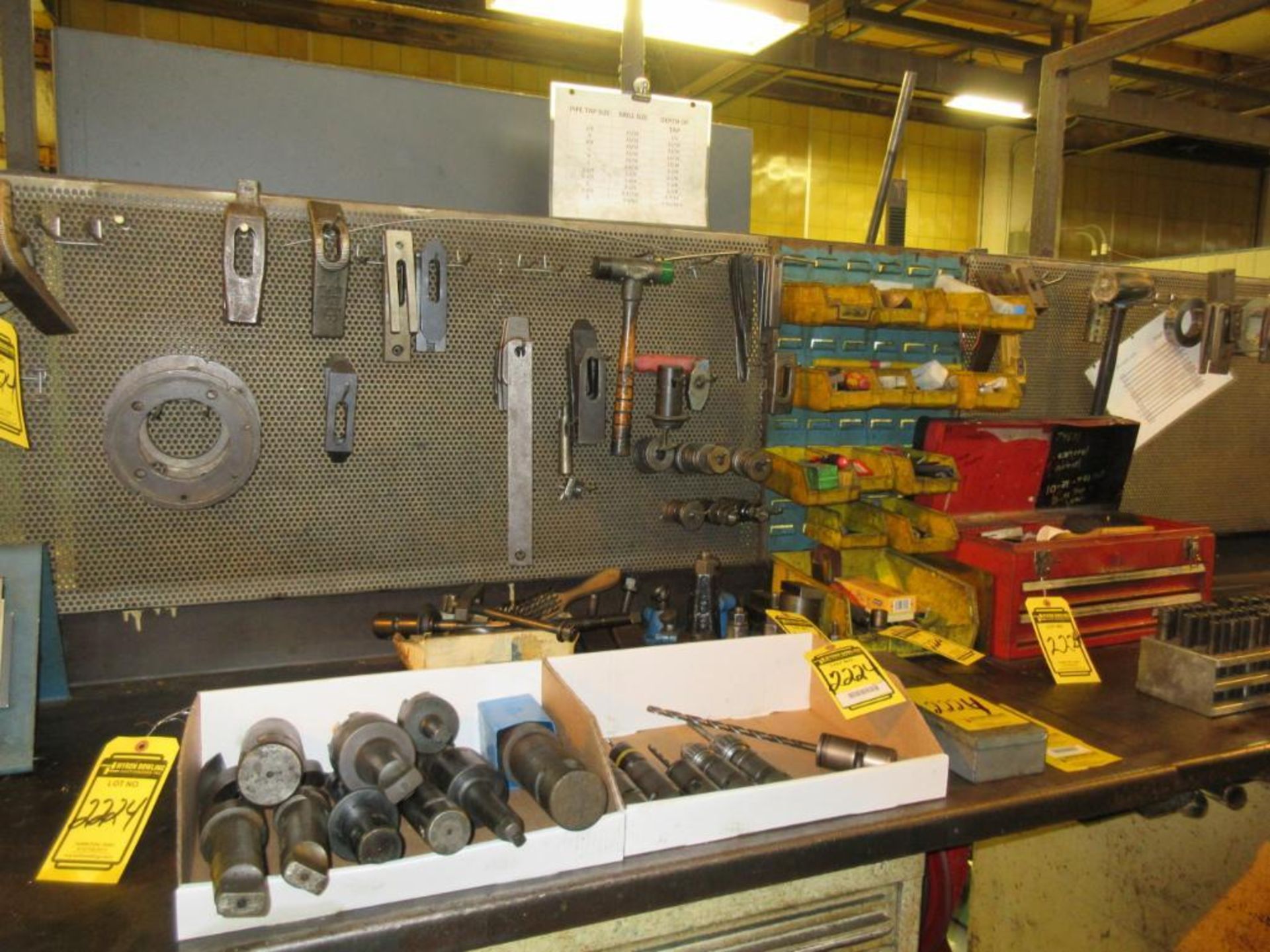 CONTENTS ON TOP OF WORKBENCH: PUNCH SET, DRILLS, TAPS, DRILL CHUCKS, 8 IN. MACHINE VISE - Image 2 of 4