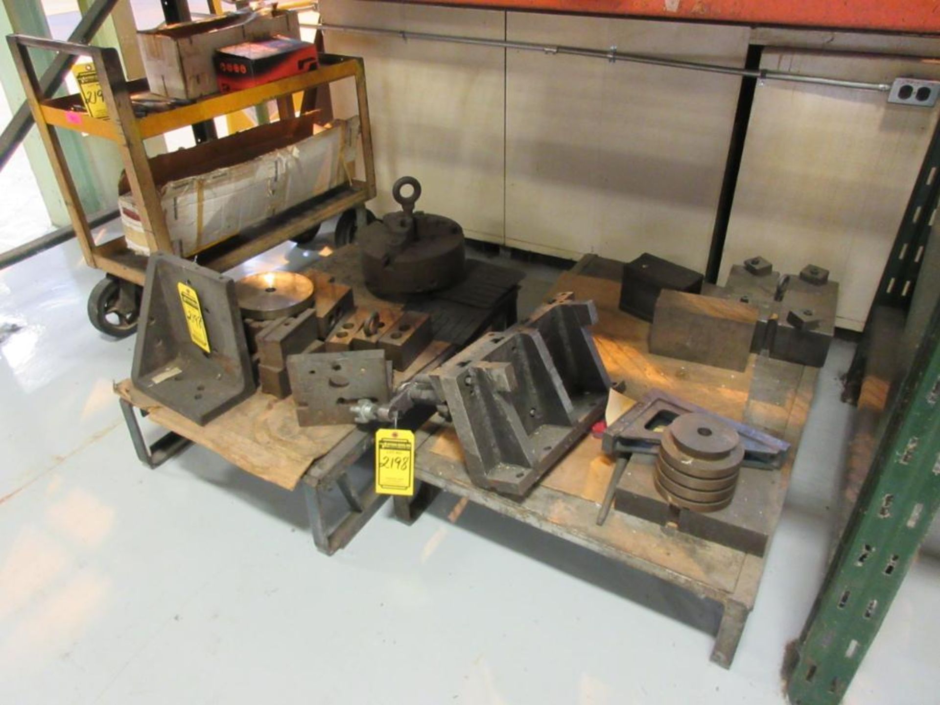 CONTENTS OF (2) SECTIONS OF PALLET RACK: GEAR, ANGLE PLATES, 16 IN. 4-JAW CHUCK, 12 IN. 3-JAW - Image 2 of 4