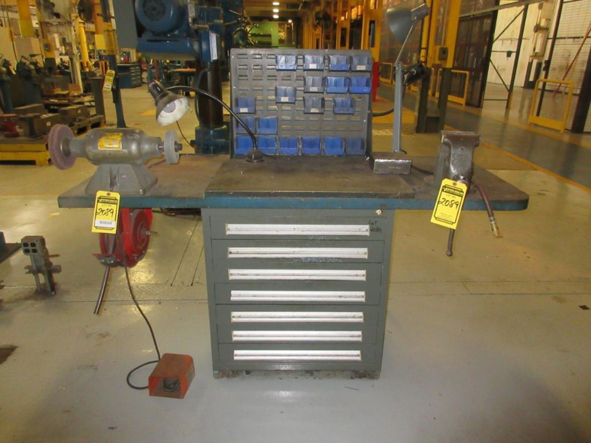 VIDMAR CABINET W/ BALDOR DOUBLE-END GRINDER, 1/2 HP., COLUMBIAN 4 1/2 IN. BENCH VISE, HOSE REEL