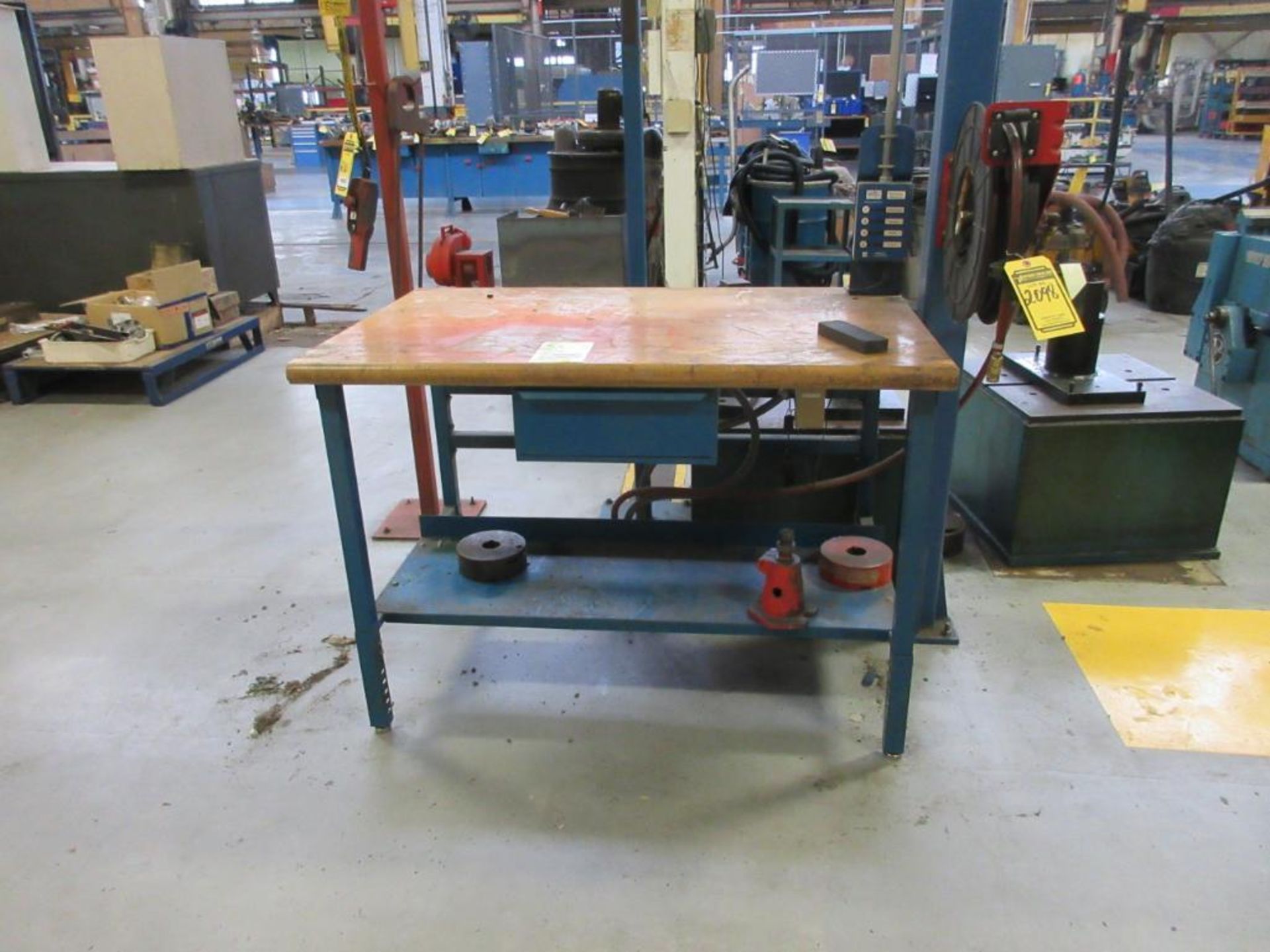 (5) WORKBENCHES, (3) CABINETS W/ CONTENT: ABRASIVES, (2) NEW 1/2 HP. BALDOR MOTORS