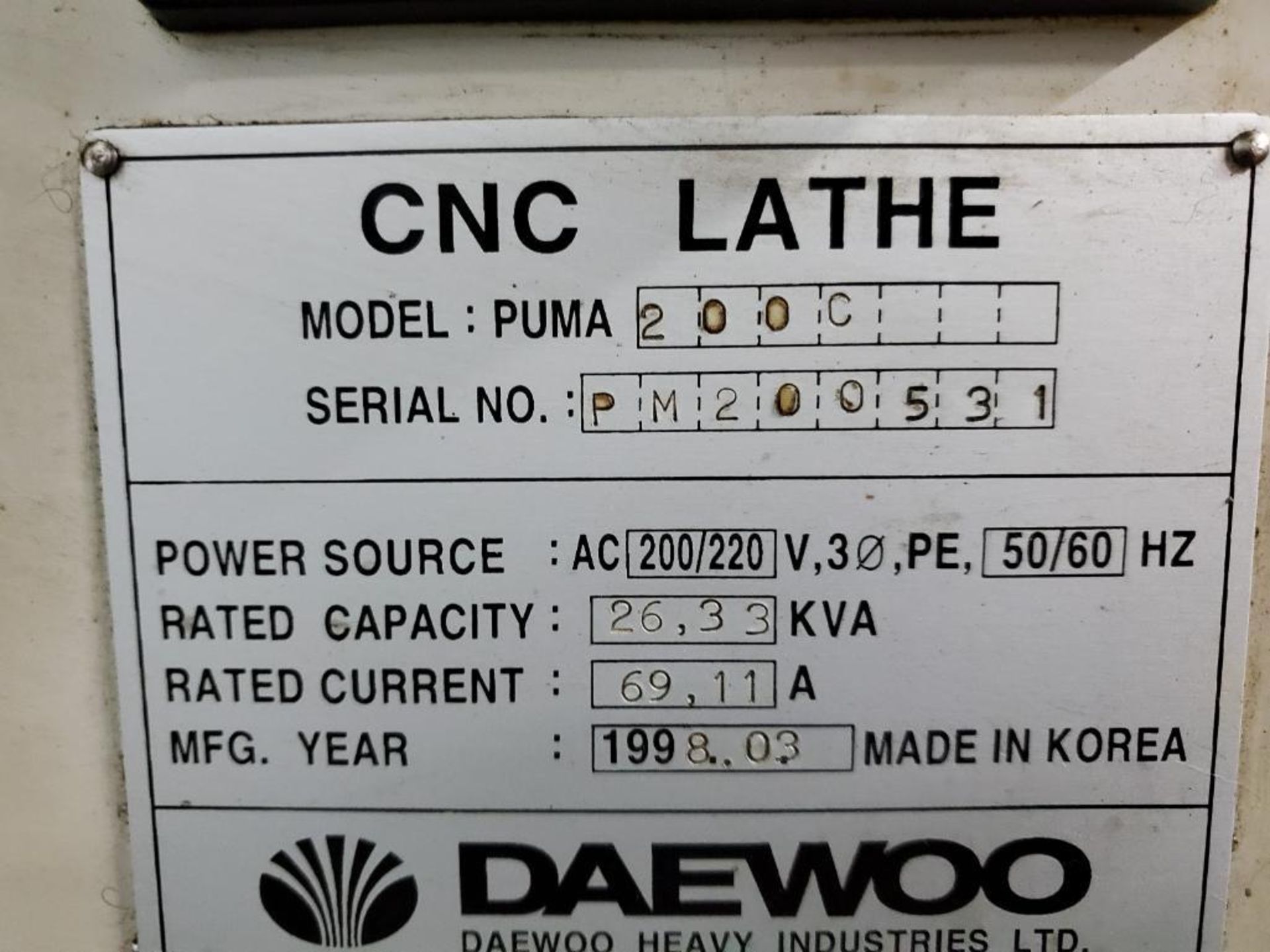 1998 DAEWOO PUMA 200 CNC LATHE, 12-STATION TURRET, 8'' 3-JAW CHUCK, TAILSTOCK, MITSUBISHI CONTROL, - Image 12 of 13