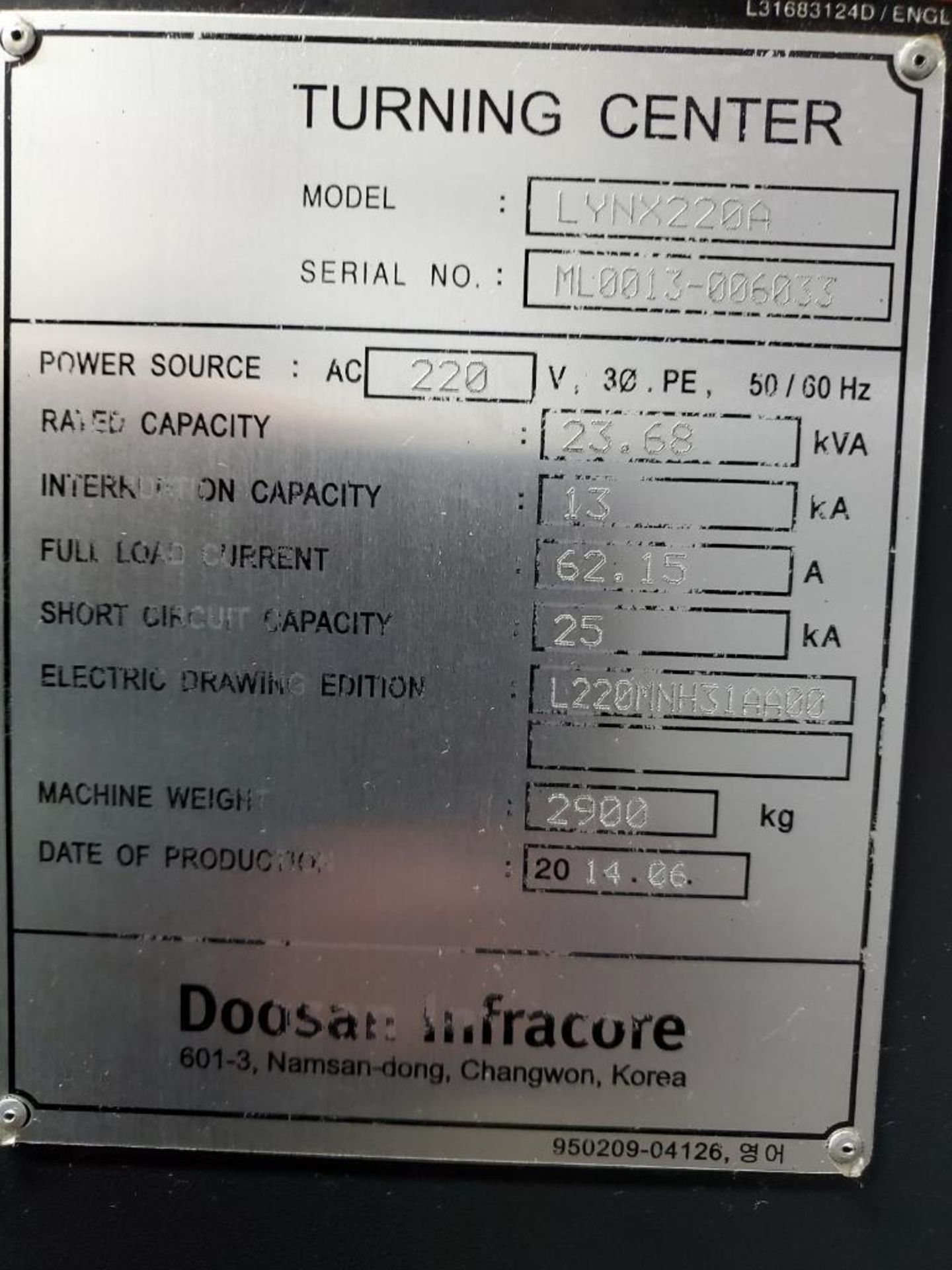 2014 DOOSAN LYNX 220 CNC TURNING CENTER, COLLET CHUCK, 12-STATION TURRET, TAILSTOCK, DOOSAN FANUC - Image 16 of 16