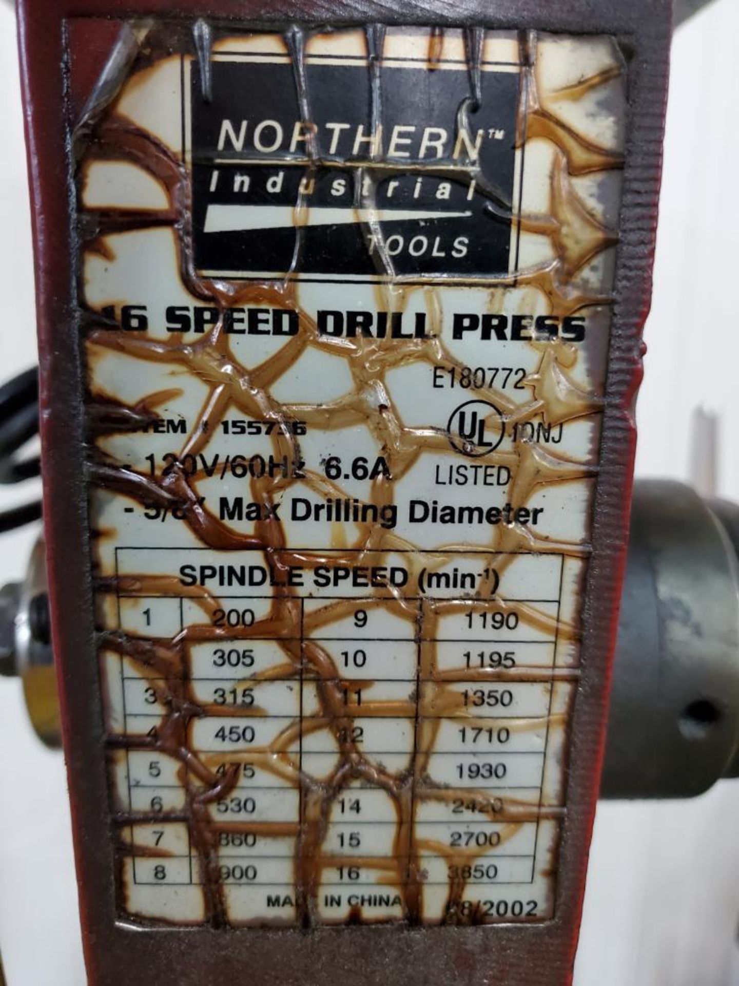 NORTHERN 16-SPEED VERTICAL FLOOR DRILL PRESS, 11-1/4'' DIA TABLE, 200-3850 RPM, 5/8'' MAX DRILLING - Image 5 of 5