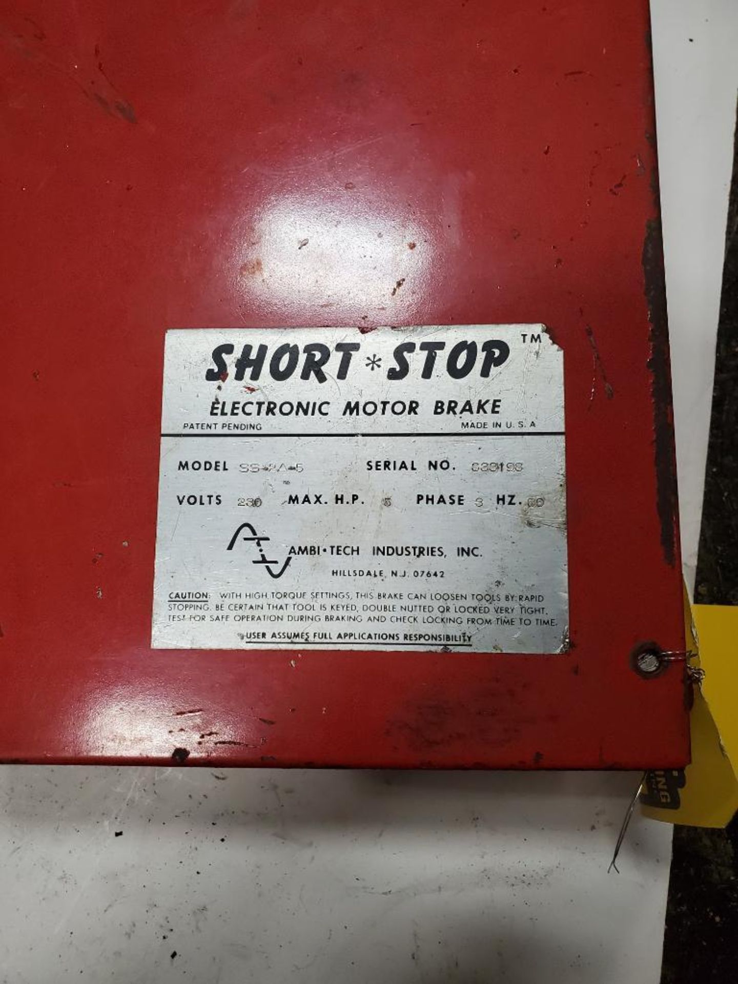 SHORT STOP ELECTRONIC MOTOR BRAKE, MODEL SS-2A-5, S/N 833198, 280-VOLT, 8-HP MAX, 3-PHASE, 60-HZ - Image 3 of 3