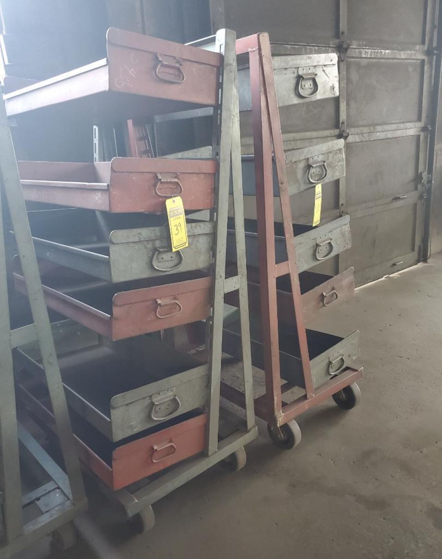 (2) ROLLING MATERIAL CARTS WITH SHELVES