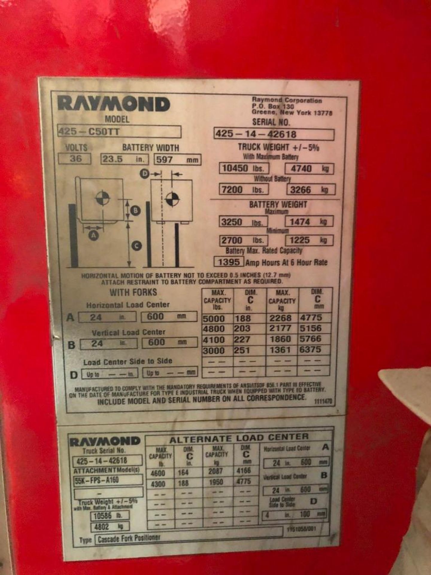 2013 RAYMOND 4,000 LB. CAPACITY STAND-UP COUNTER BALANCED FORKLIFT, MODEL 4250 ,36V W/ BATTERY, 3- - Image 5 of 5