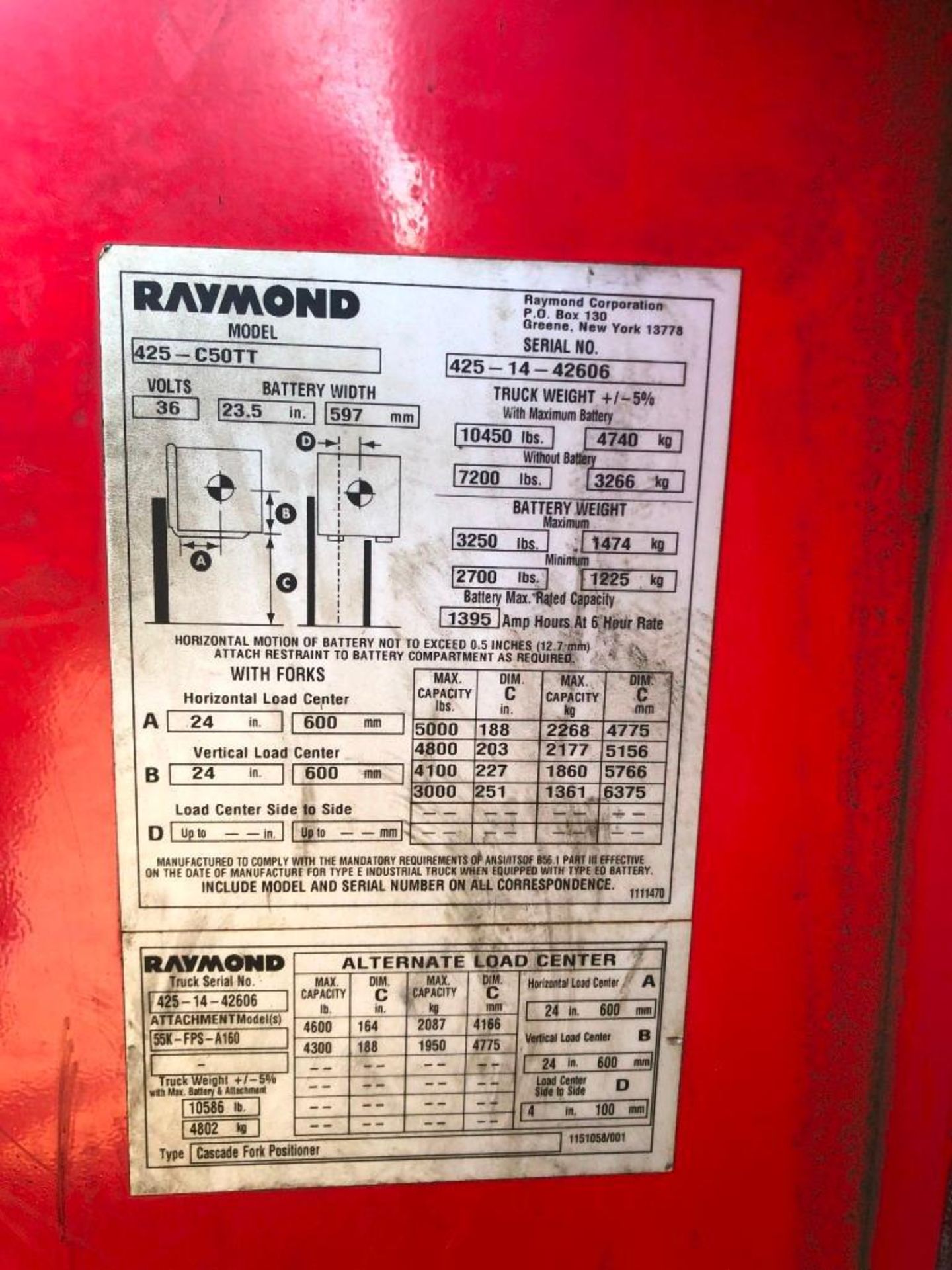 2013 RAYMOND 4,000 LB. CAPACITY STAND-UP COUNTER BALANCED FORKLIFT, MODEL 4250 ,36V W/ BATTERY, 3- - Image 4 of 4