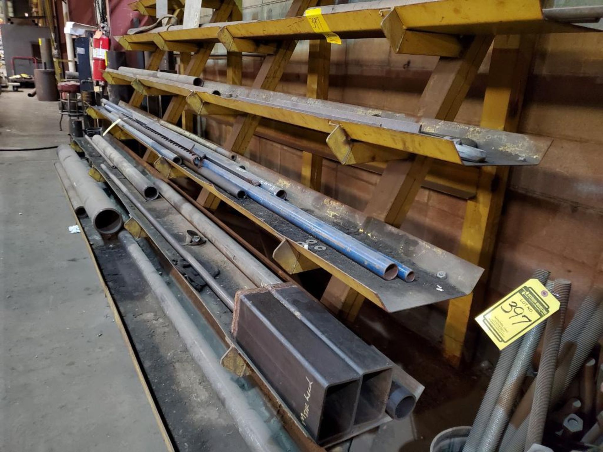 ASSORTED STEEL PIPE, FLAT STOCK WITH (2) SHELVING UNITS 58'' X 18'' X 61'' AND ASSORTED LIFTING - Image 2 of 10