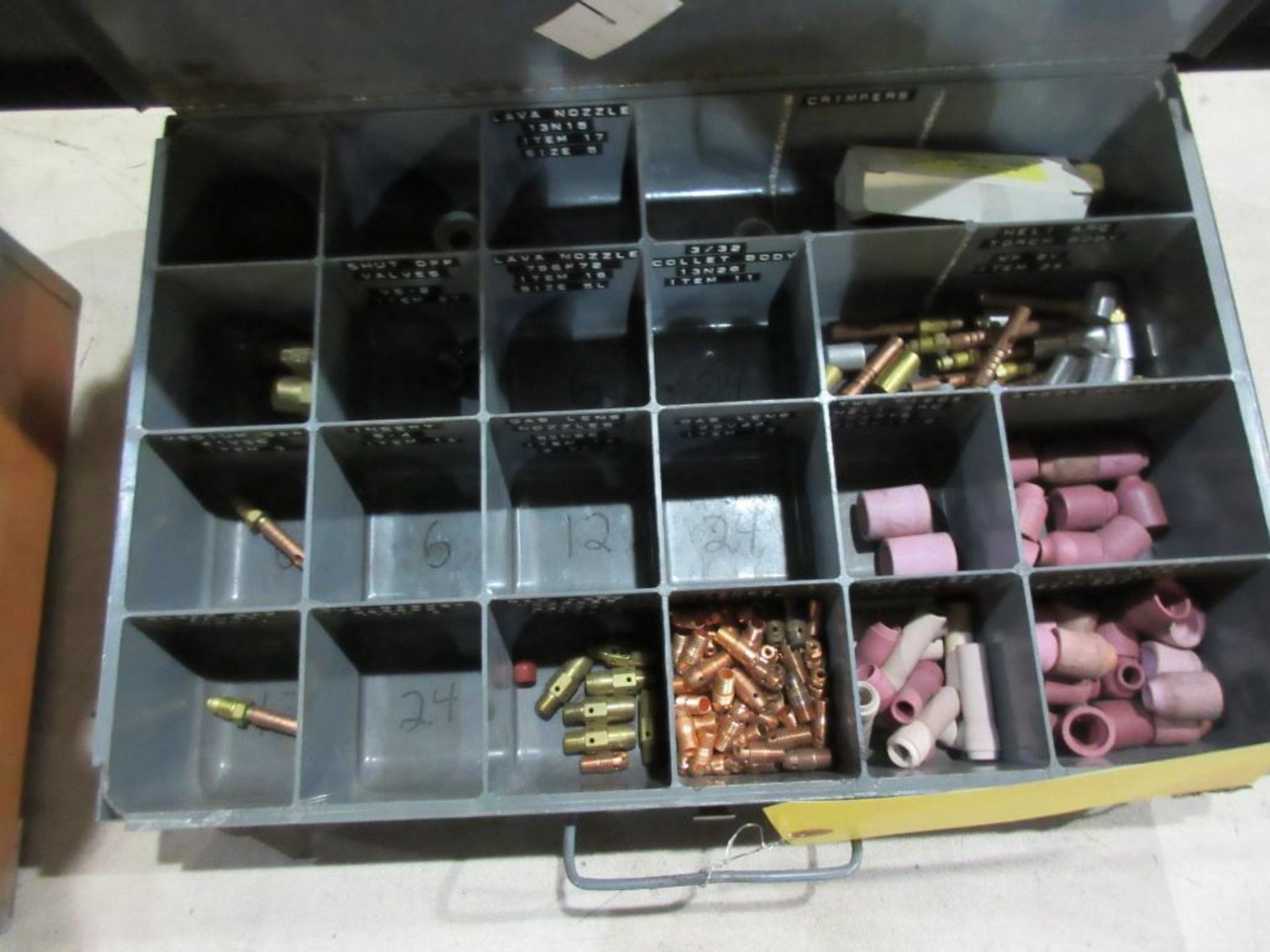 (3) LIDDED BINS W/ ASSORTED HELIARC ACCESSORIES, BRASS FITTINGS - Image 2 of 3