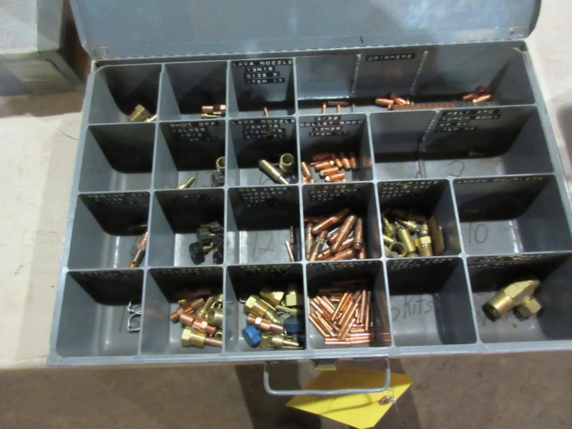 (3) LIDDED BINS W/ ASSORTED HELIARC ACCESSORIES, BRASS FITTINGS