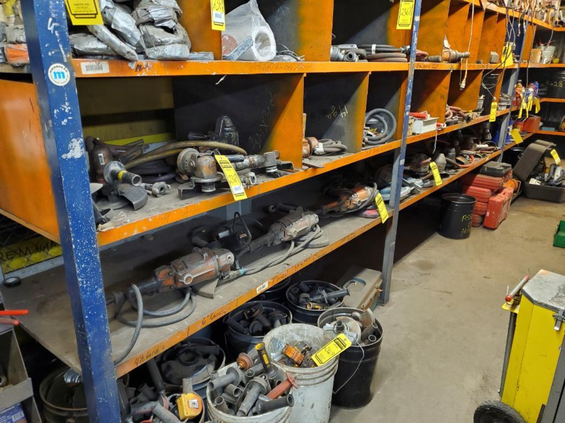 CONTENTS OF SHELVING UNIT, METABO GRINDERS, MILWAUKEE DEEP CUT BAND SAWS, PNEUMATIC METAL CUTTING SA