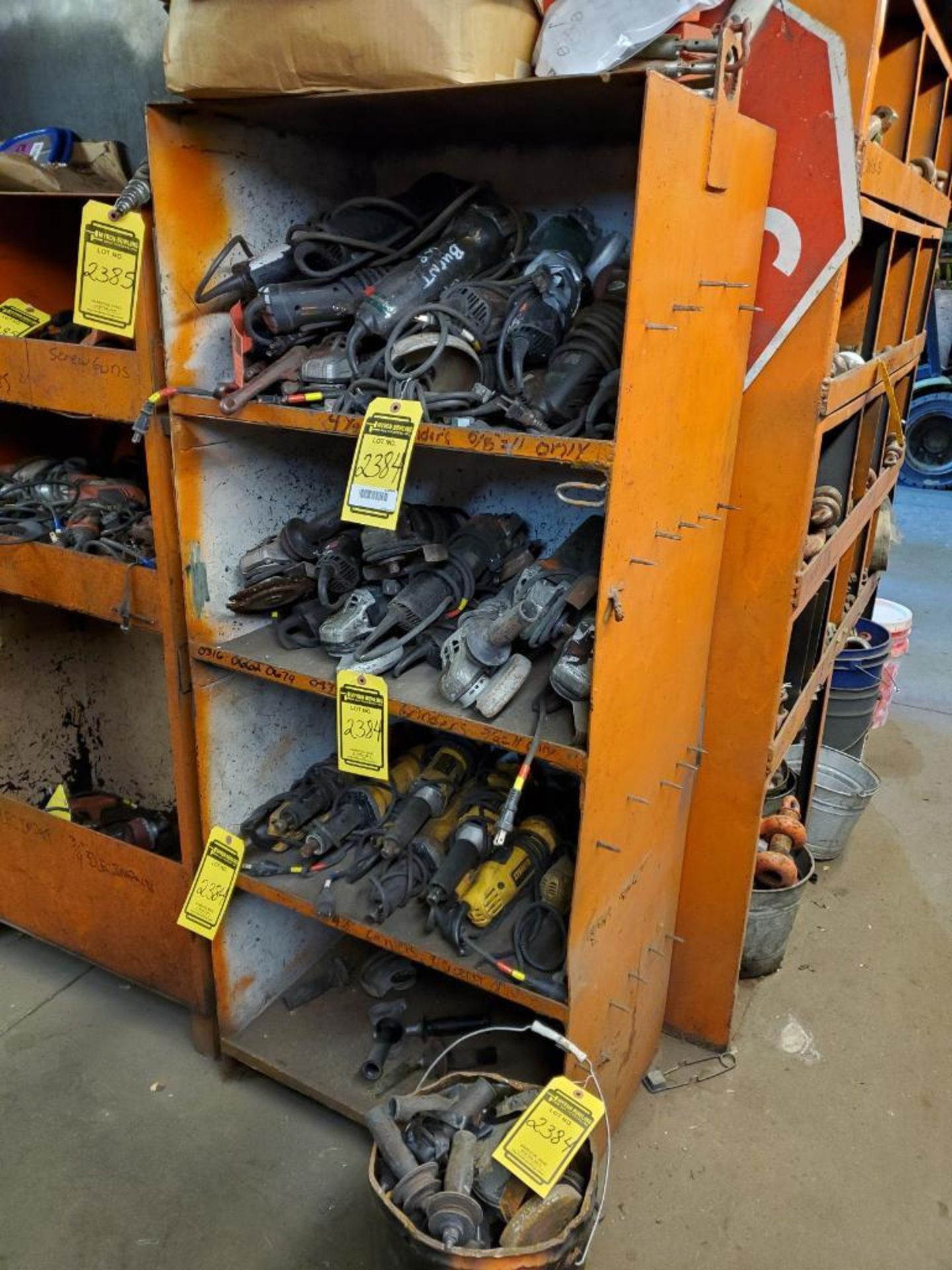 ASSORTED METABO ELECTRIC GRINDERS WITH SHELVING UNITS