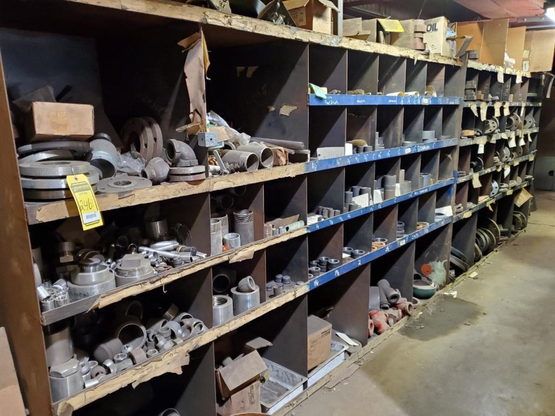LARGE QUANTITY OF PIPE FITTINGS, FUSES, CHILL RINGS, PLANT SUPPORT AND SHELVING UNITS