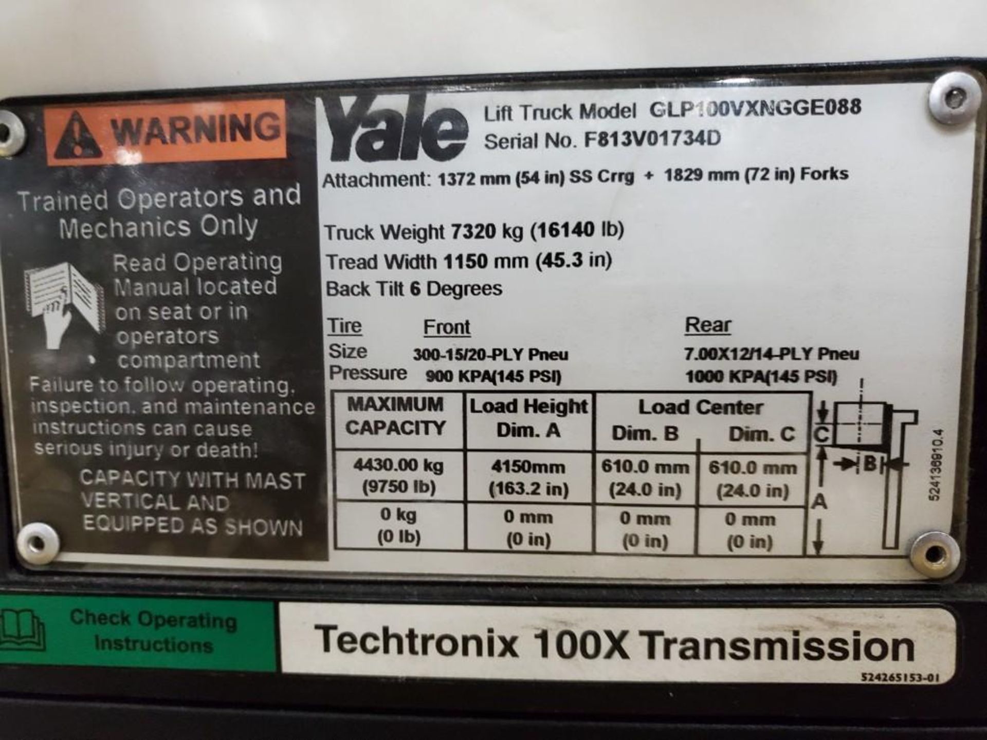 YALE 10,000-LB. LP FORKLIFT, MODEL GLP100VXNGGE088, LPG, PNEUMATIC TIRES, 163'' LIFT HEIGHT, 87" 3- - Image 15 of 17