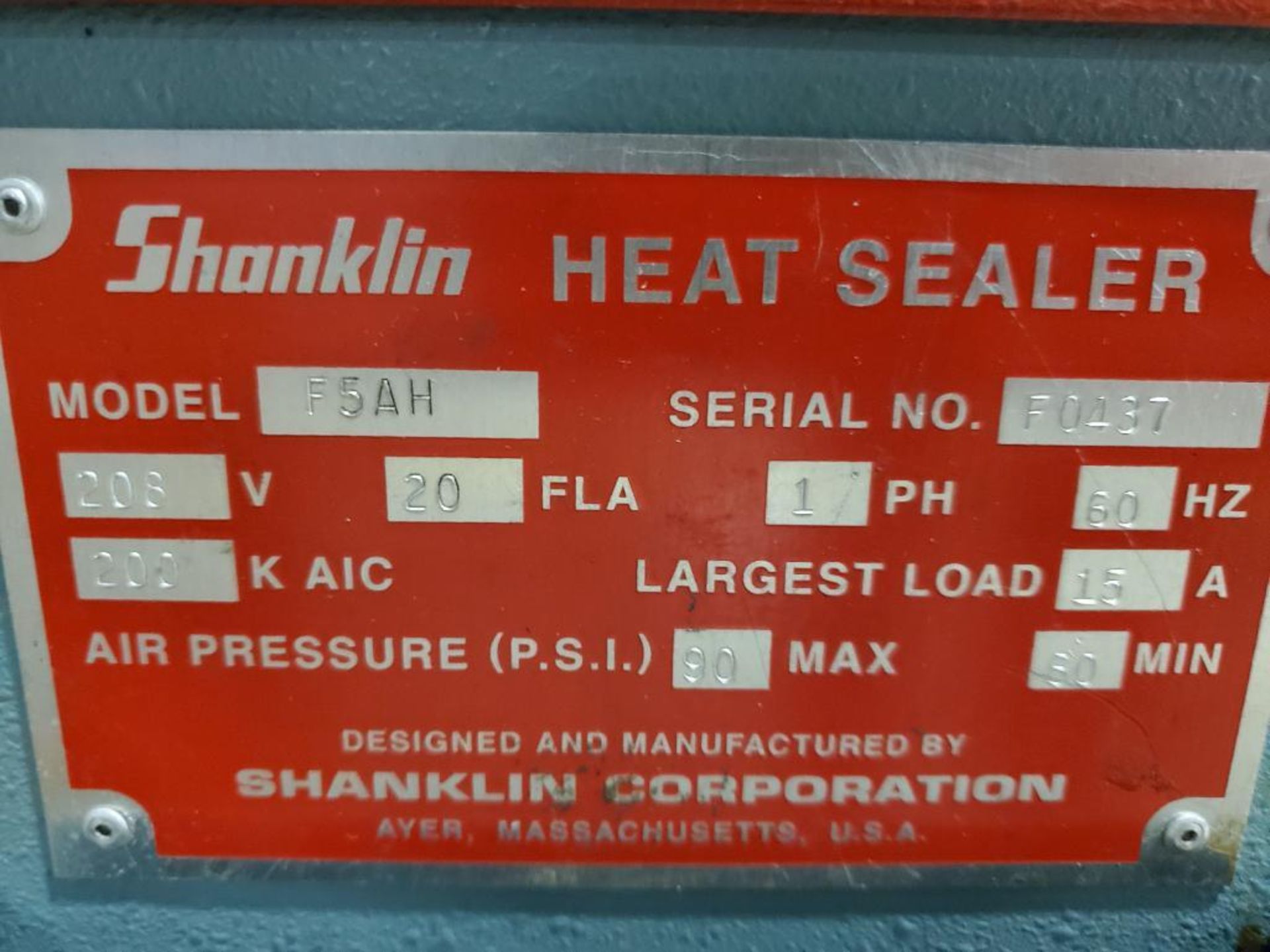 SHANKLIN HEAT SEALER, MODEL F5AH, S/N F0437, 208 V., SINGLE PHASE - Image 12 of 12