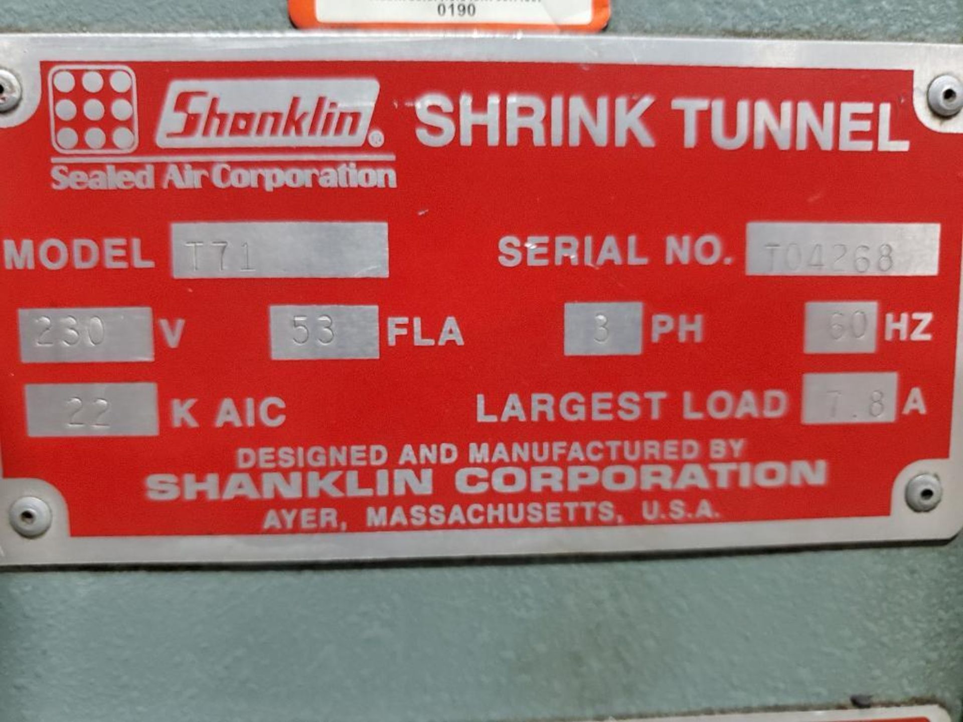 SHANKLIN PASS THROUGH HEAT SHRINK TUNNEL, MODEL T71, S/N T04268, 230 V., 3-PH, W/ 11'' X 10' BELT - Image 10 of 10