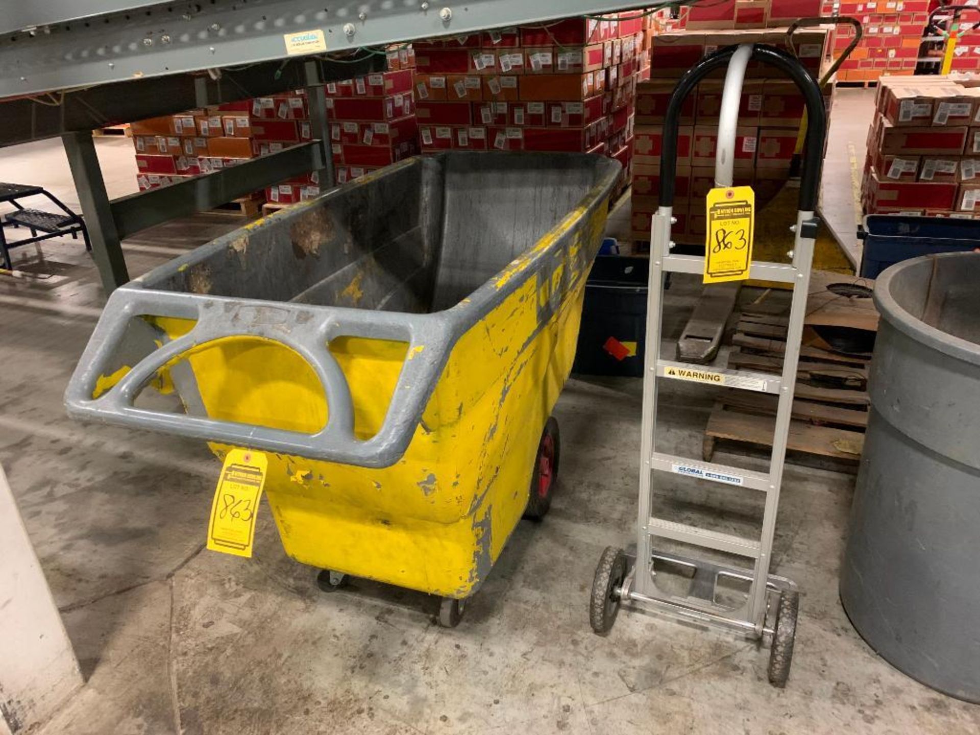 (2) ALUMINUM 2-WHEEL DOLLIES AND (1) RUBBERMAID DUMP HOPPER