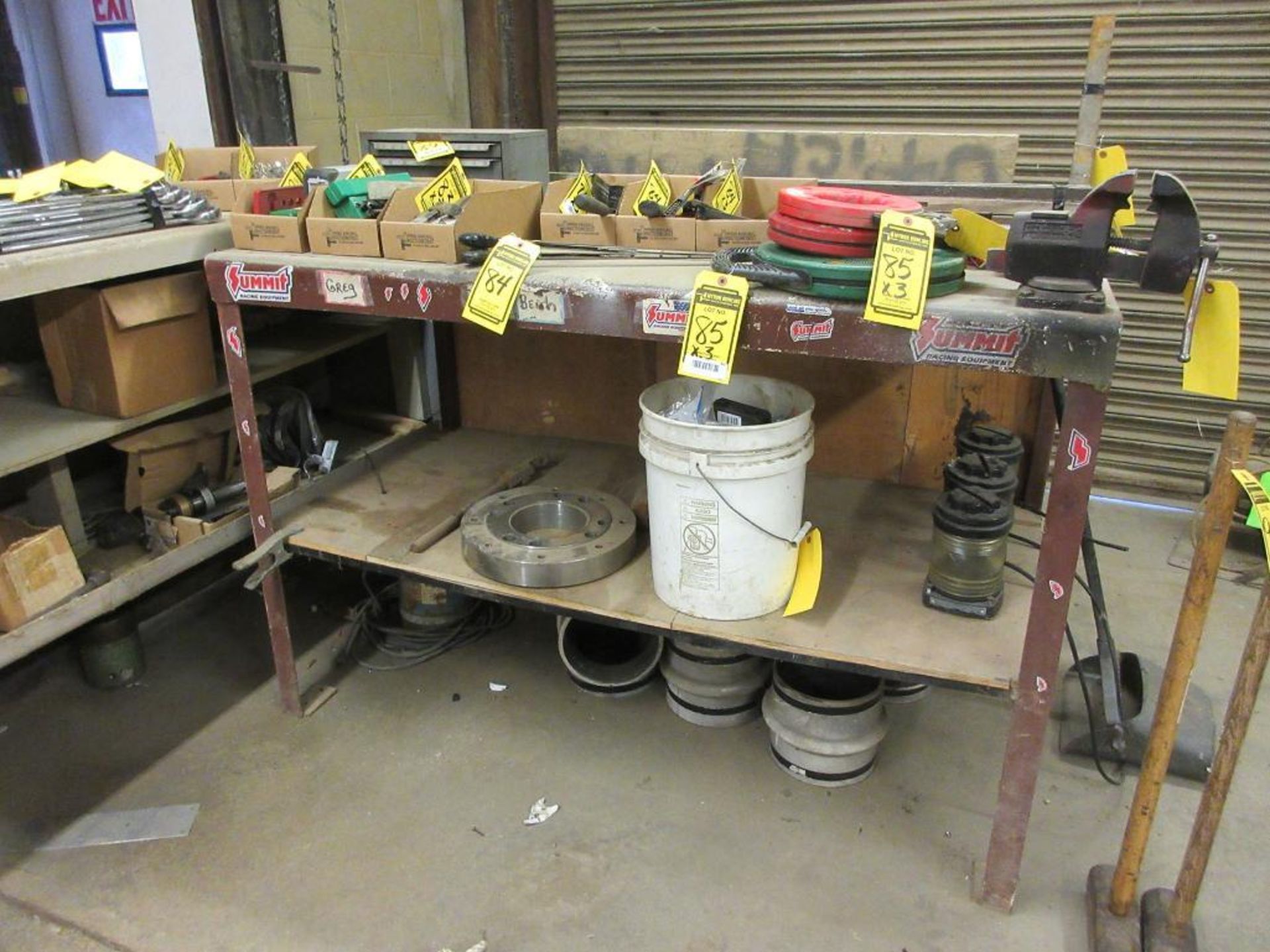 (2) WORKBENCHES, BOTTOM SHELF CONTENTS INCLUDED, & 5'' BENCH VISE