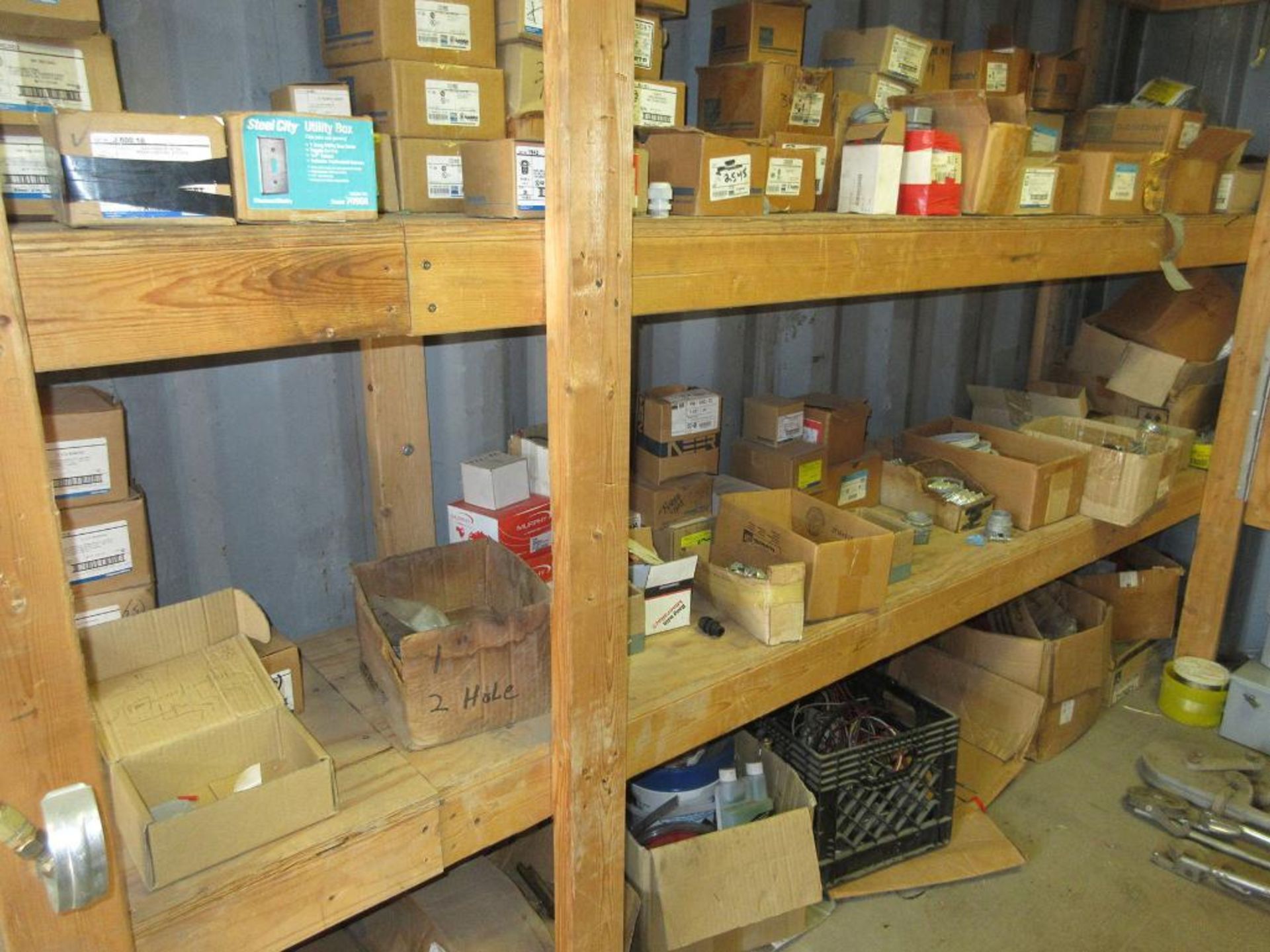 20' SHIPPING CONTAINER W/ CONTENTS: ELECTRICAL SUPPLIES, BUSHINGS, TERMINALS, FUSES, COVER PLATES, - Image 8 of 21