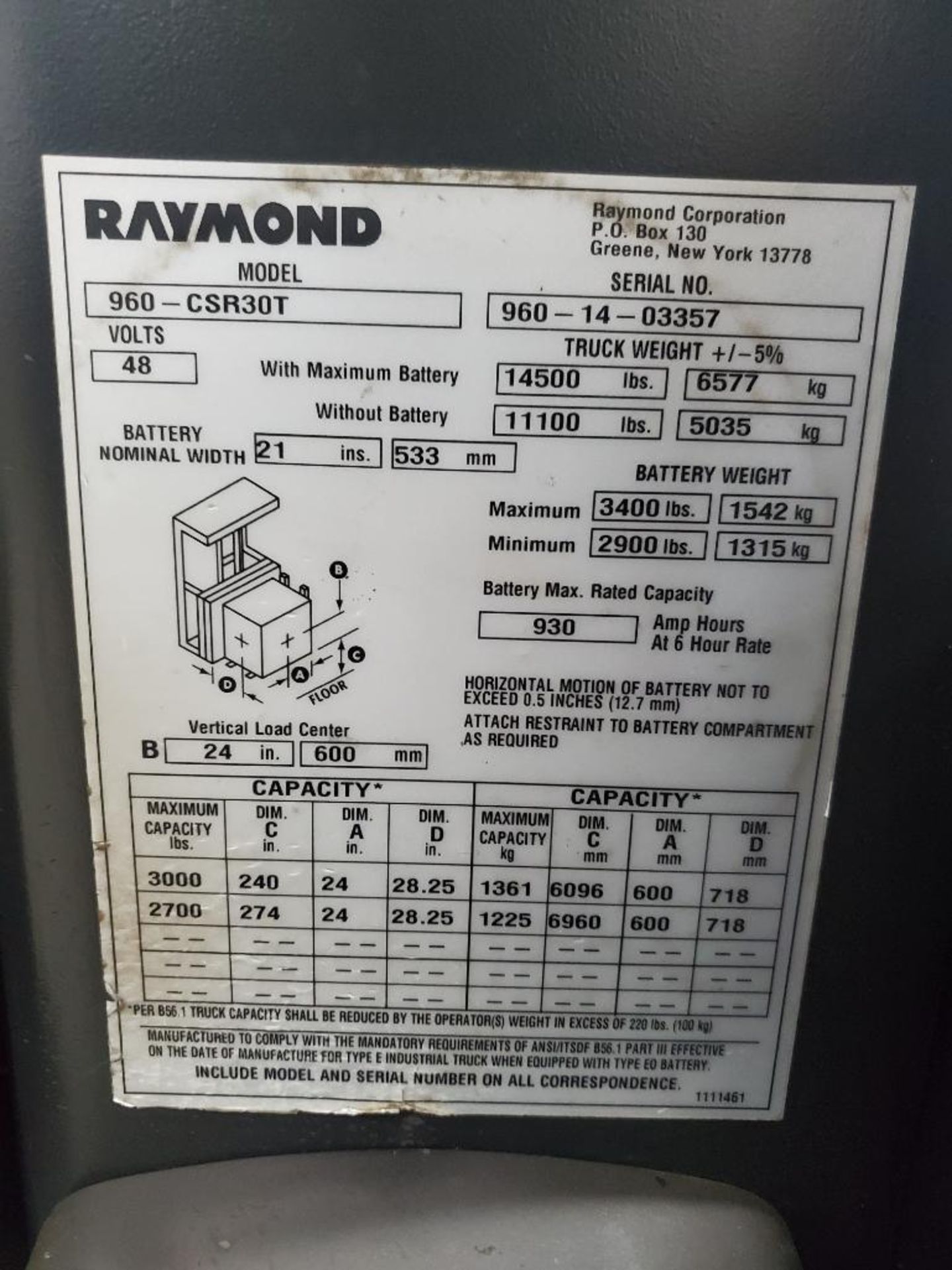 2014 RAYMOND 3,000 LB. CAPACITY SWING REACH TURRET TRUCK; MODEL 960-CSR30T, S/N 960-14-03357, - Image 9 of 13