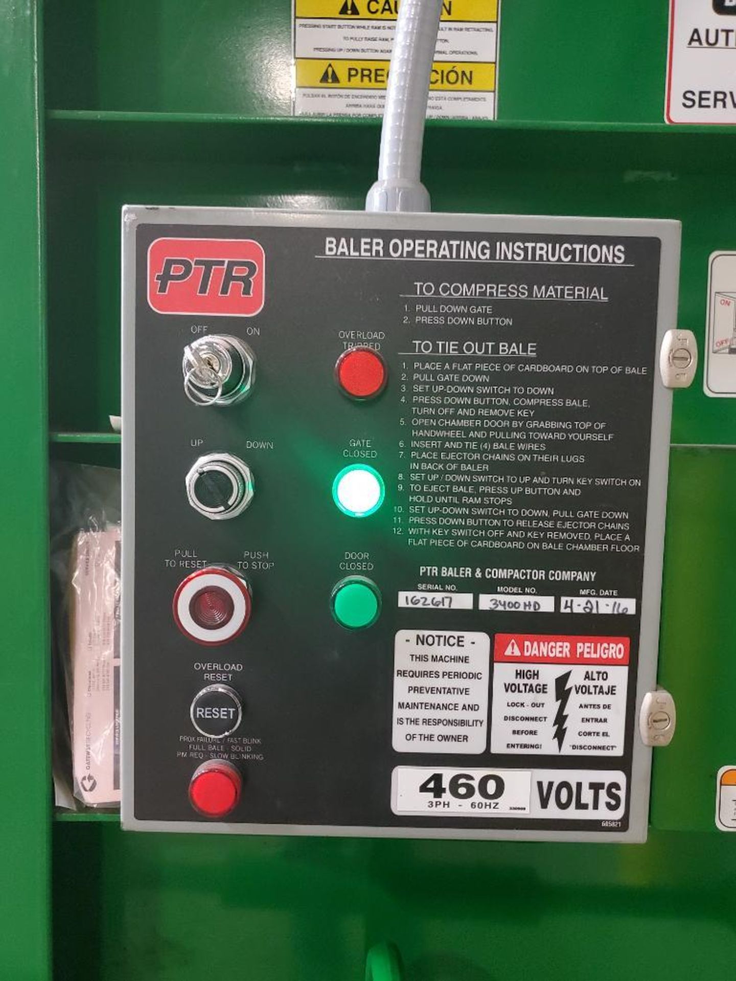 2016 PTR BALER & COMPACTOR; MODEL 3400HD, S/N 162617, 3-PHASE, 460-VOLTS, 60-HZ ***LOCATED AT - Image 3 of 5