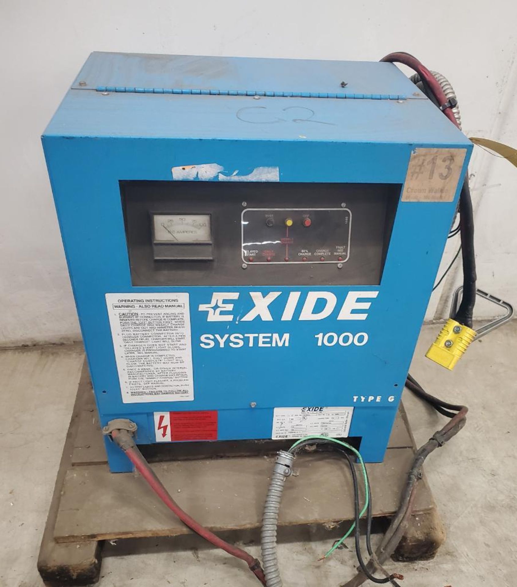 EXIDE BATTERY CHARGER; MODEL G1-12-380, S/N UL35543, BATTERY TYPE LA, NO. CELL 12, 24-VOLTS ***