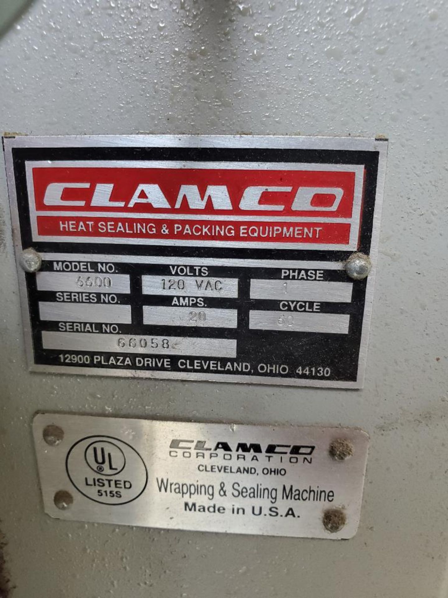 CLAMCO WRAPPING AND SEALING MACHINE; MODEL 6600, S/N 66058, SINGLE PHASE, 20-AMPS, 60-CYCLE *** - Image 5 of 5