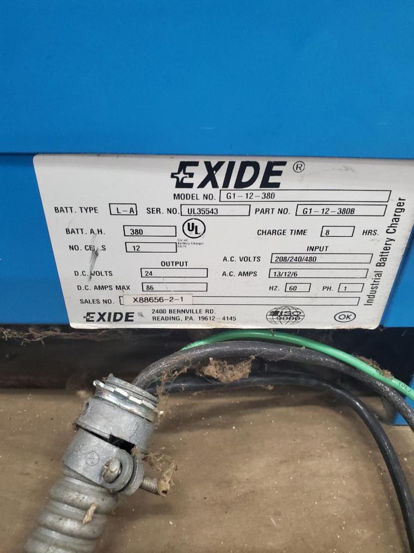 EXIDE BATTERY CHARGER; MODEL G1-12-380, S/N UL35543, BATTERY TYPE LA, NO. CELL 12, 24-VOLTS *** - Image 2 of 2