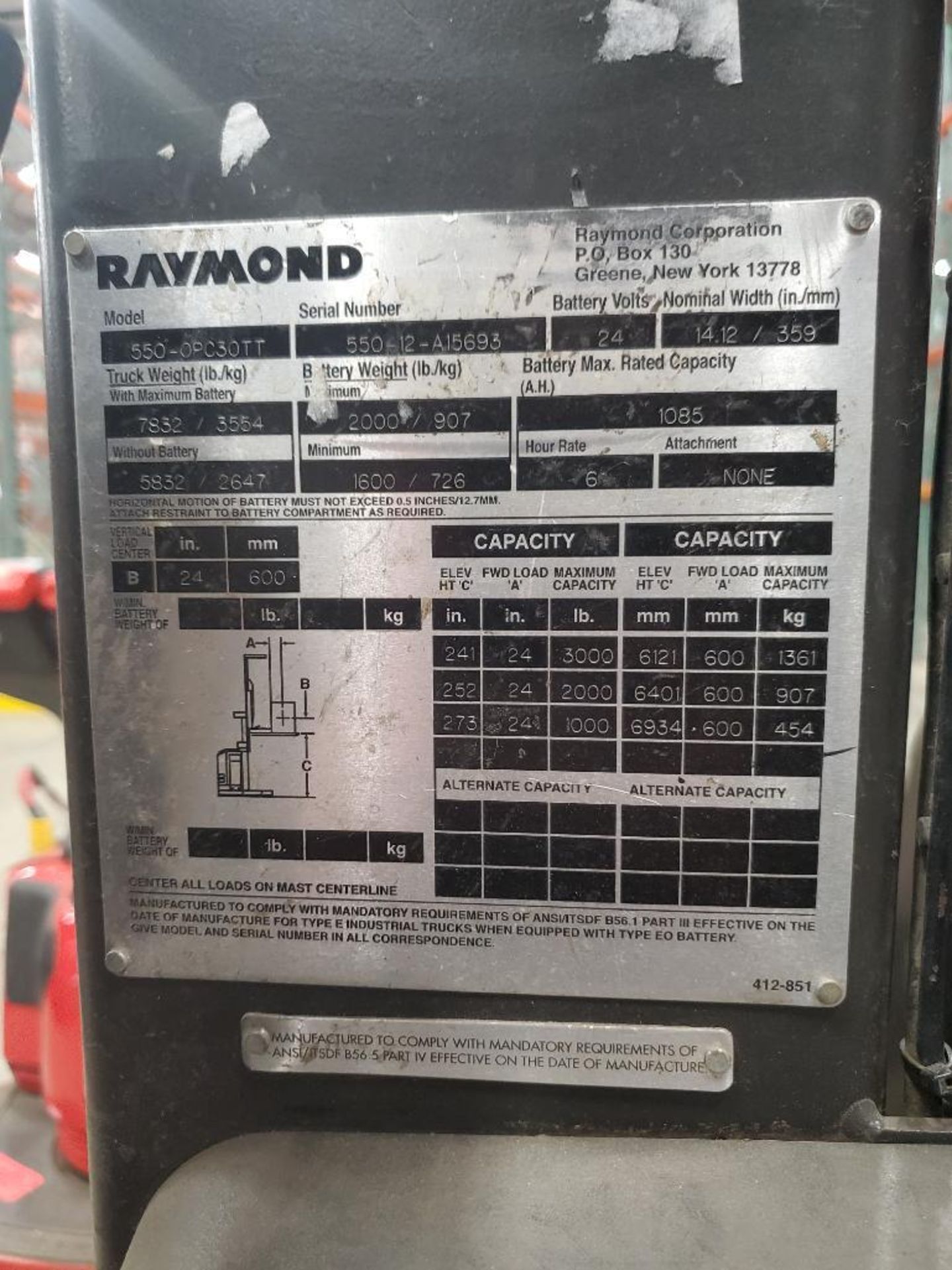 2012 RAYMOND 3,000 LB. CAPACITY ORDER PICKER; MODEL 550-OPC30TT, S/N 550-12-A15693, STAND-ON, - Image 5 of 6