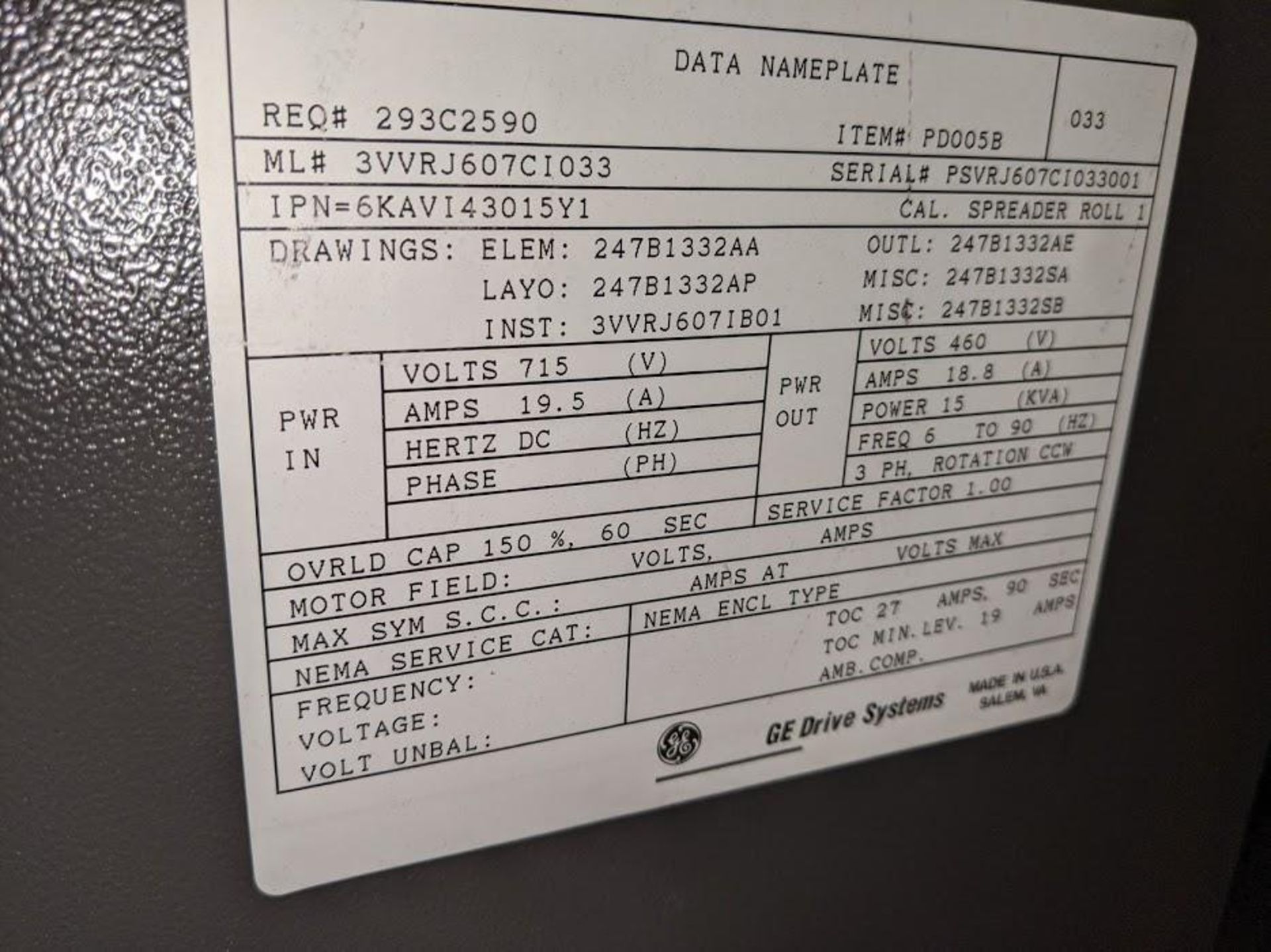 GE INVERTER DRIVE 6KAVI43025Y1 AV-300i 460V 15KVA 3PH CCW 25HP - Image 2 of 2