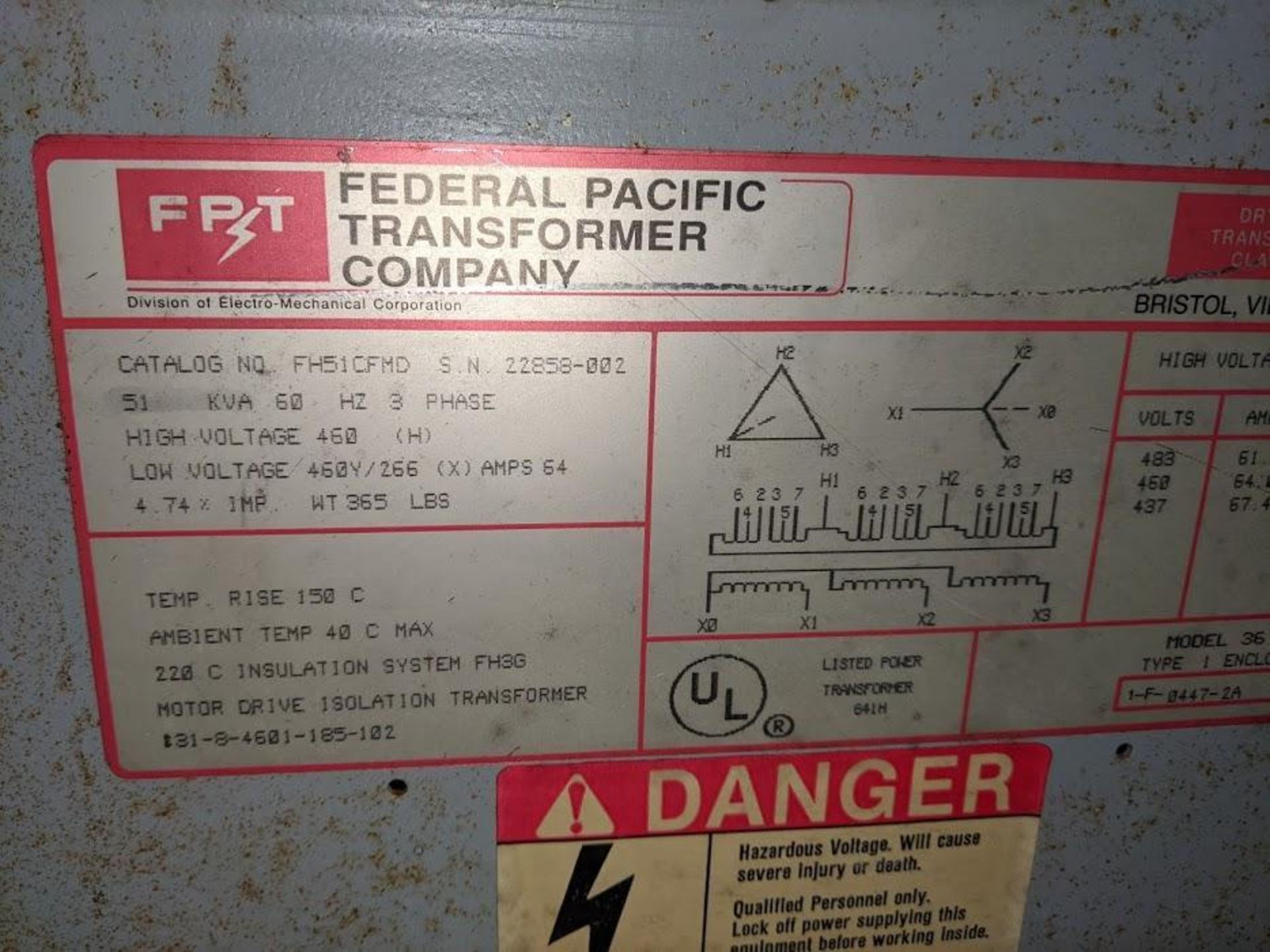 51 KVA FEDERAL PACIFIC TRANSFORMER FH51CFMD 460V 3PH - Image 2 of 2