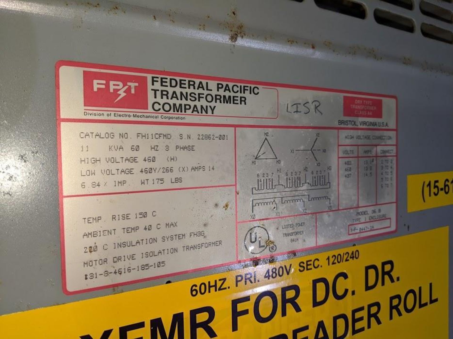 11 KVA FEDERAL PACIFIC TRANSFORMER FH11CFMD 460V - Image 2 of 3