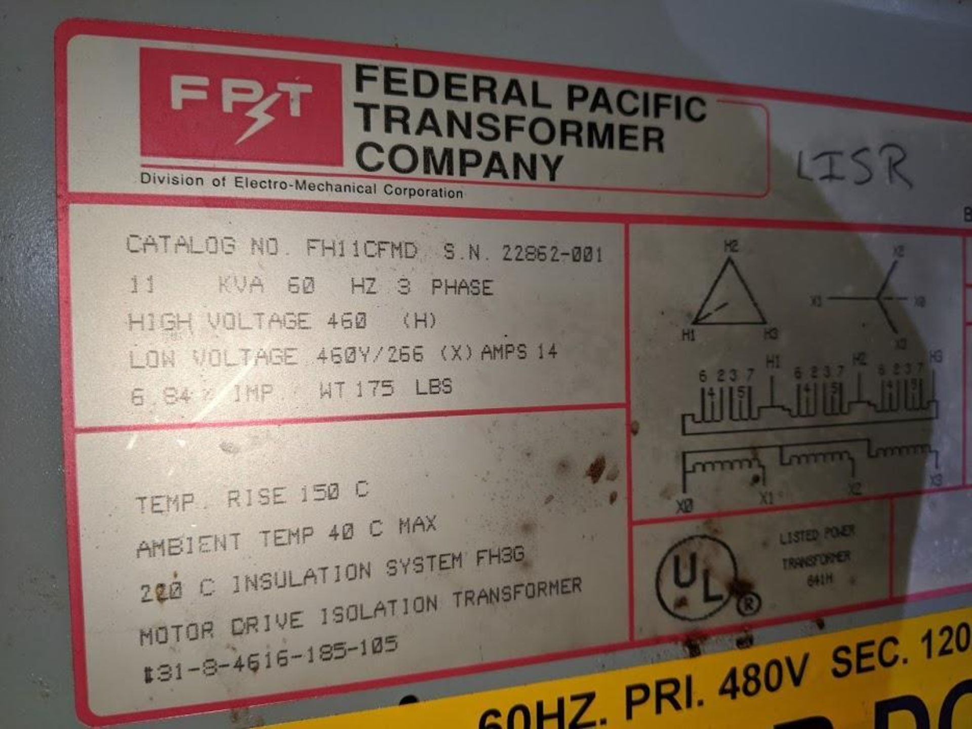 11 KVA FEDERAL PACIFIC TRANSFORMER FH11CFMD 460V - Image 3 of 3