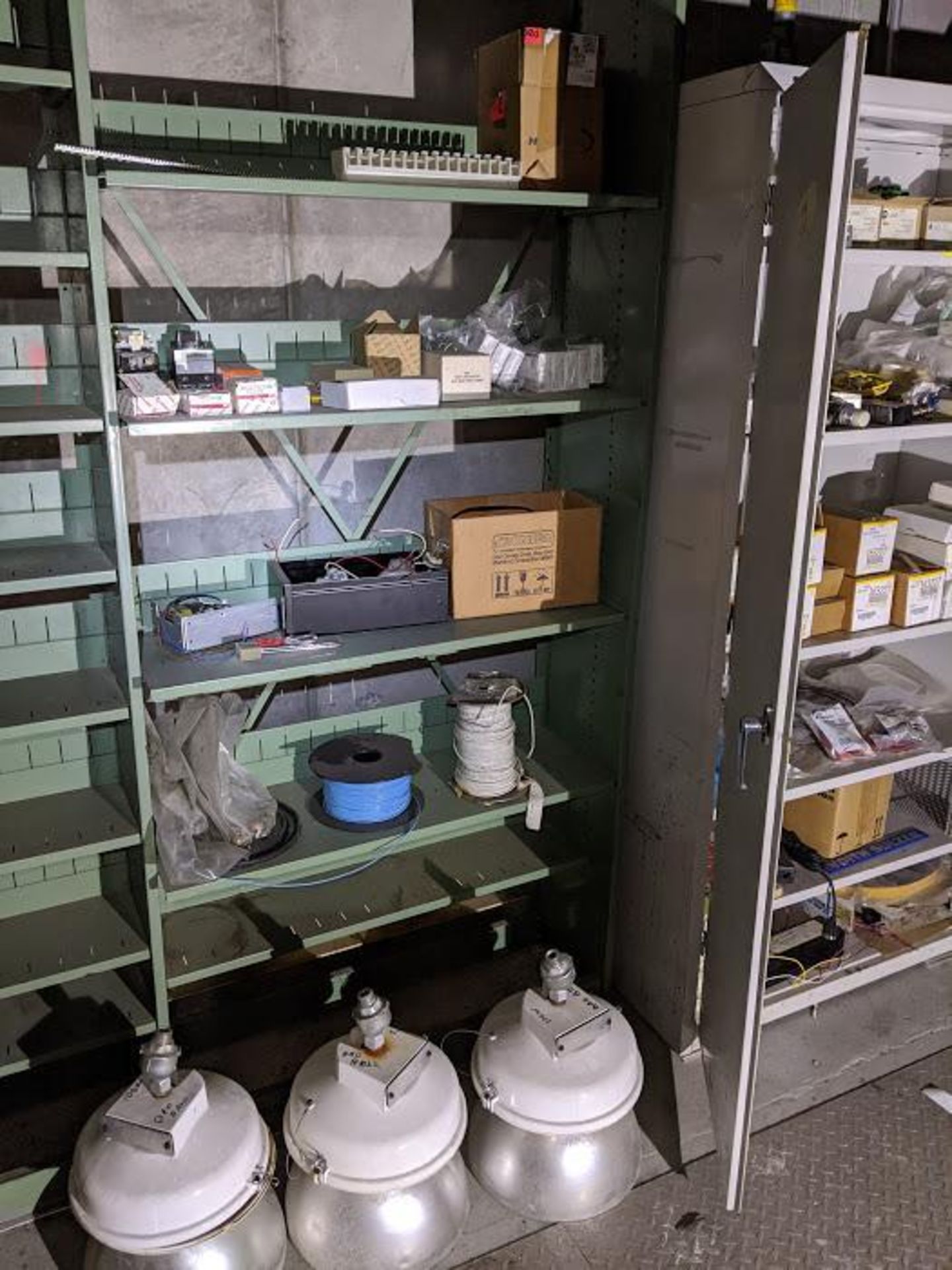 FACILITY SPARE PARTS CABINET WITH CONTENTS AND GREEN SHELF CONTENTS