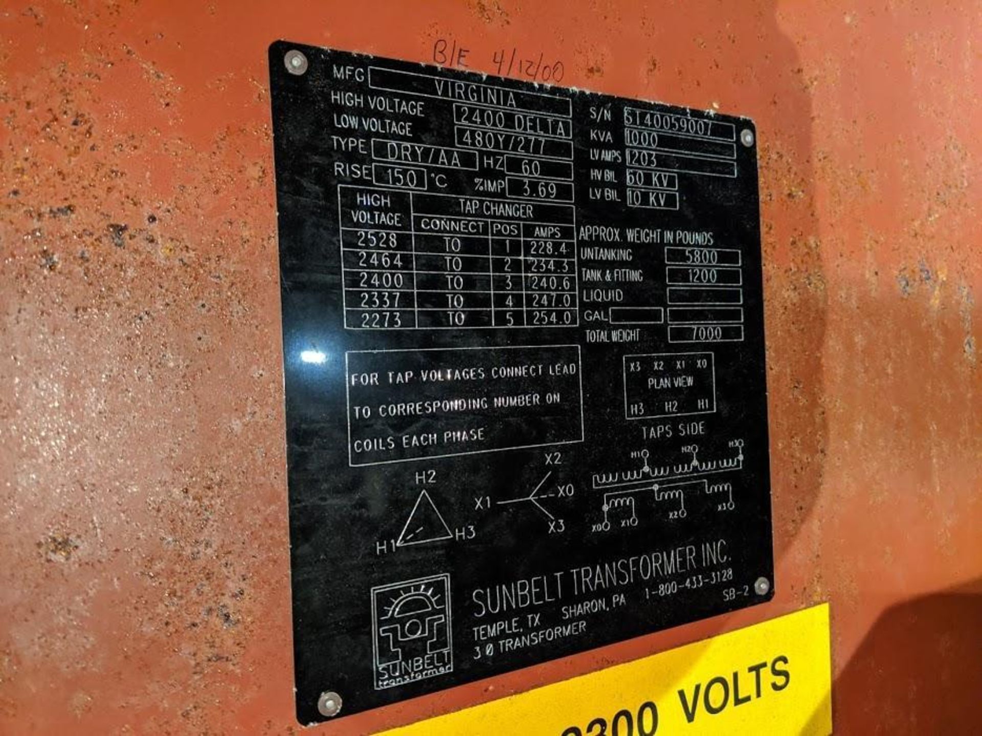 SUNBELT TRANSFOMER 1000KVA 2400 DELTA 480Y/277 DRY/AA 60HZ - Image 2 of 3