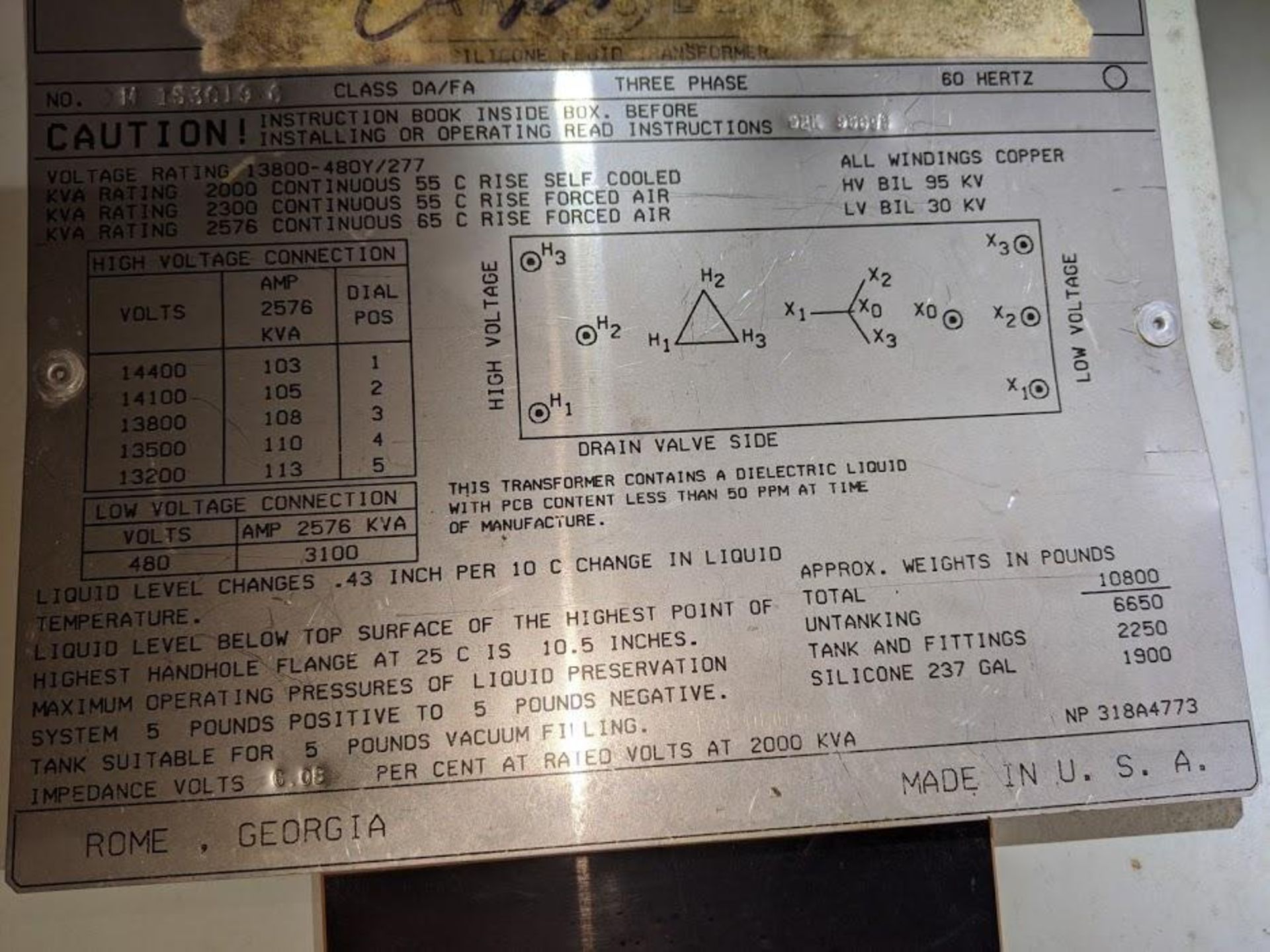 GE TRANSFOMER M-153010-C CLASS OA/FA 480V 3PH 60HZ 2000 KVA - Image 3 of 5