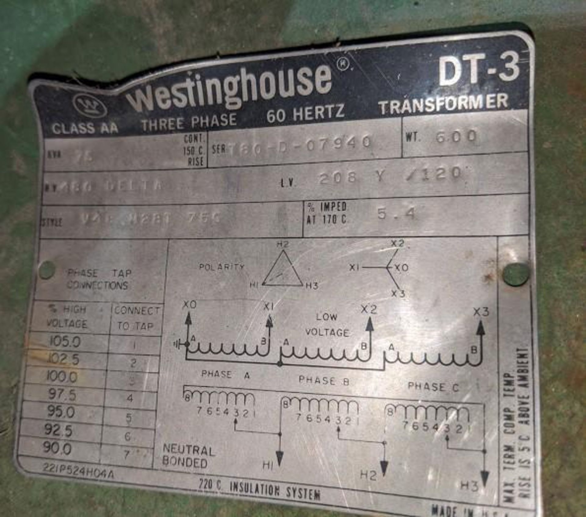 WESTINGHOUSE DT-3 75KVA 480/120V-AC TRANSFORMER - Image 3 of 3