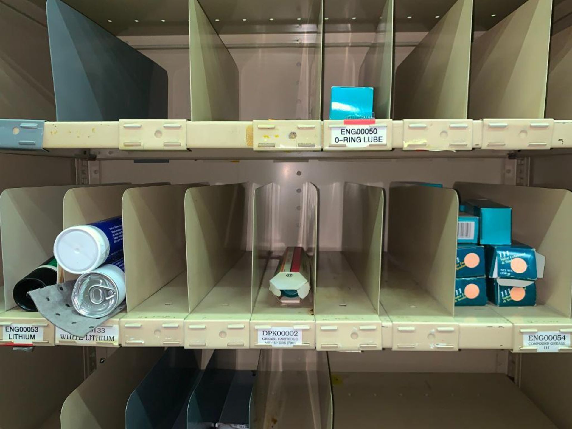 SHELVING WITH CONTENTS: GLOVES, SPRAY BOTTLES ASSORTED PARTS, CHAIN LUBE, HAND SANITIZER, CAN - Image 15 of 35