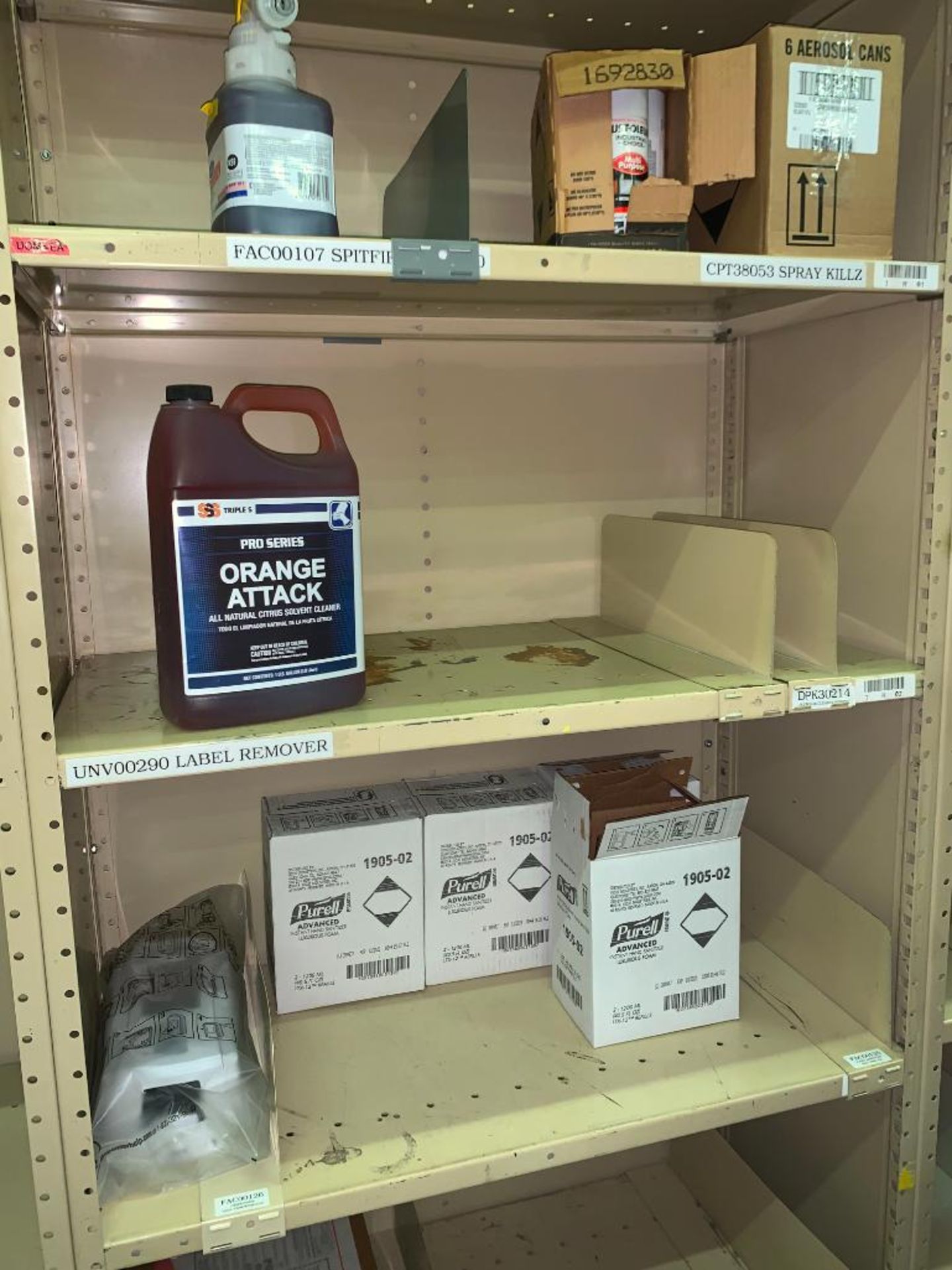 SHELVING WITH CONTENTS: GLOVES, SPRAY BOTTLES ASSORTED PARTS, CHAIN LUBE, HAND SANITIZER, CAN - Image 18 of 35