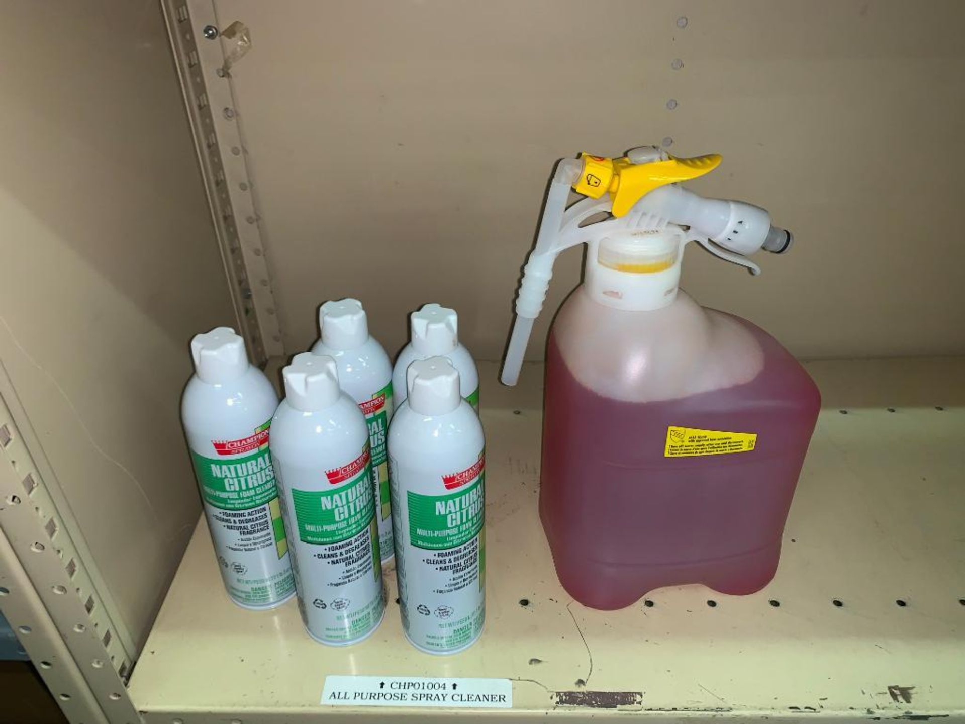 SHELVING WITH CONTENTS: GLOVES, SPRAY BOTTLES ASSORTED PARTS, CHAIN LUBE, HAND SANITIZER, CAN - Image 24 of 35