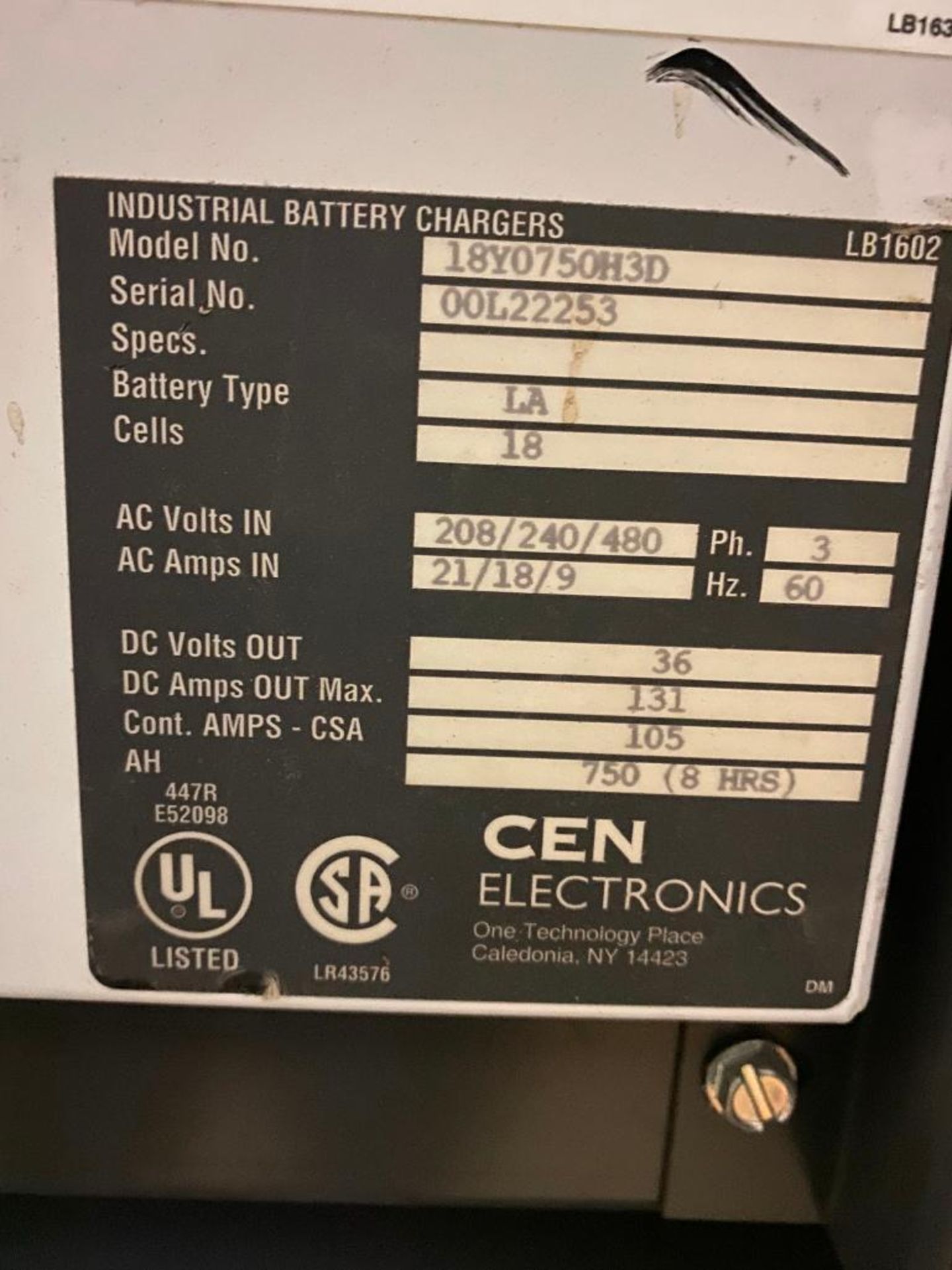 (1) CROWN CEN100 36 V. BATTERY CHARGER, MODEL 18Y1050H3D, INPUT 208/240/480, 3-PH, (1) ENERSYS - Image 4 of 5