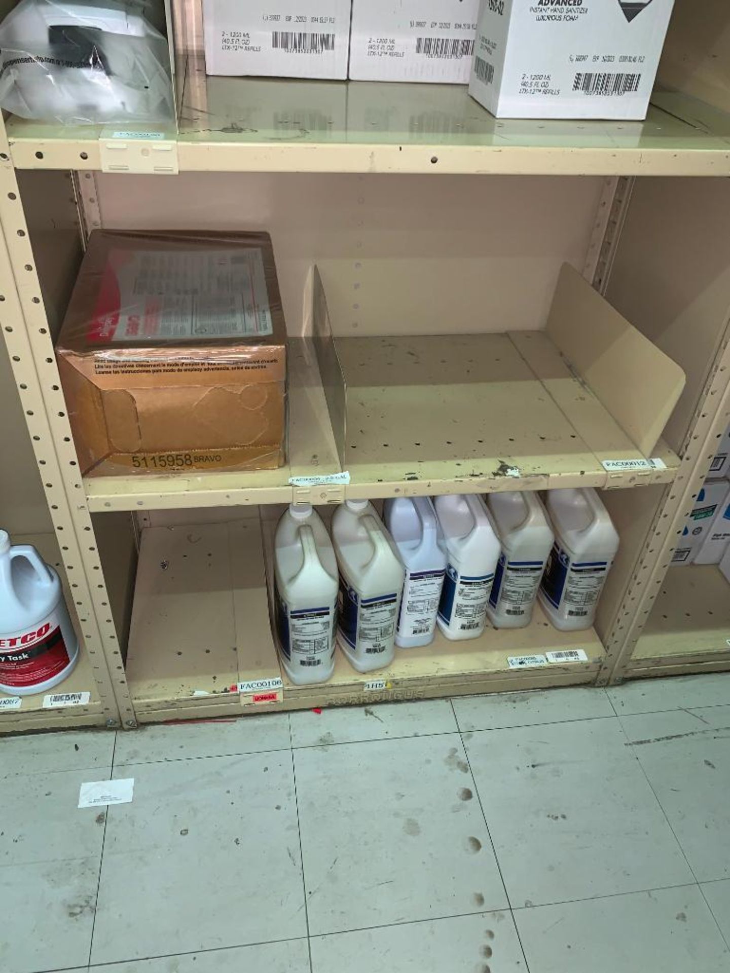 SHELVING WITH CONTENTS: GLOVES, SPRAY BOTTLES ASSORTED PARTS, CHAIN LUBE, HAND SANITIZER, CAN - Image 19 of 35