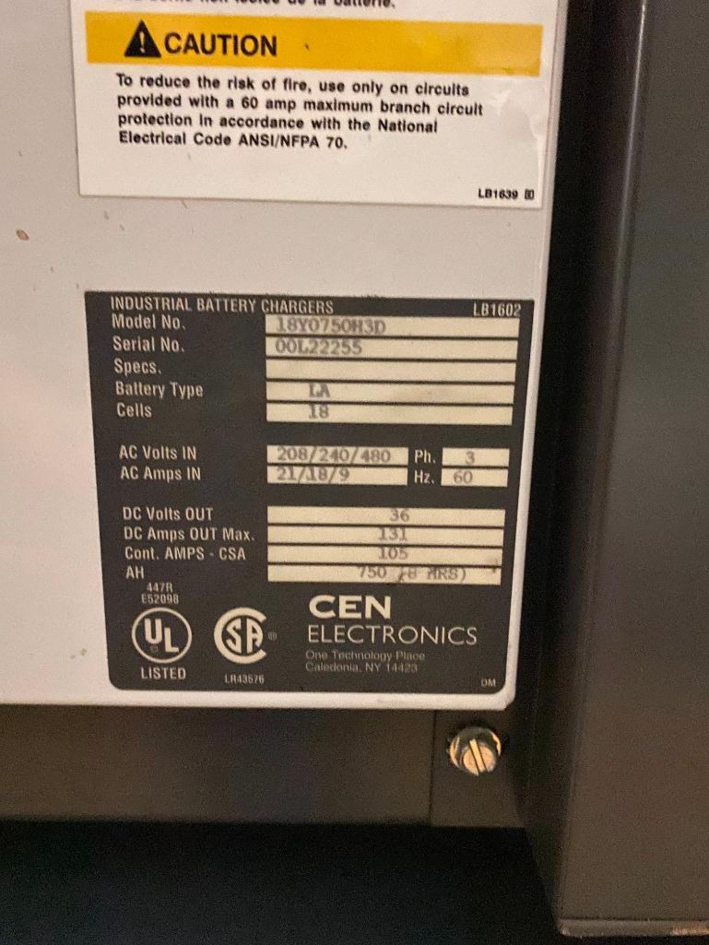 (2) CROWN CEN100 36 V. BATTERY CHARGERS, MODEL 18Y1050H3D, INPUT 208/240/480, 3-PH  ***DELAYED - Image 3 of 3