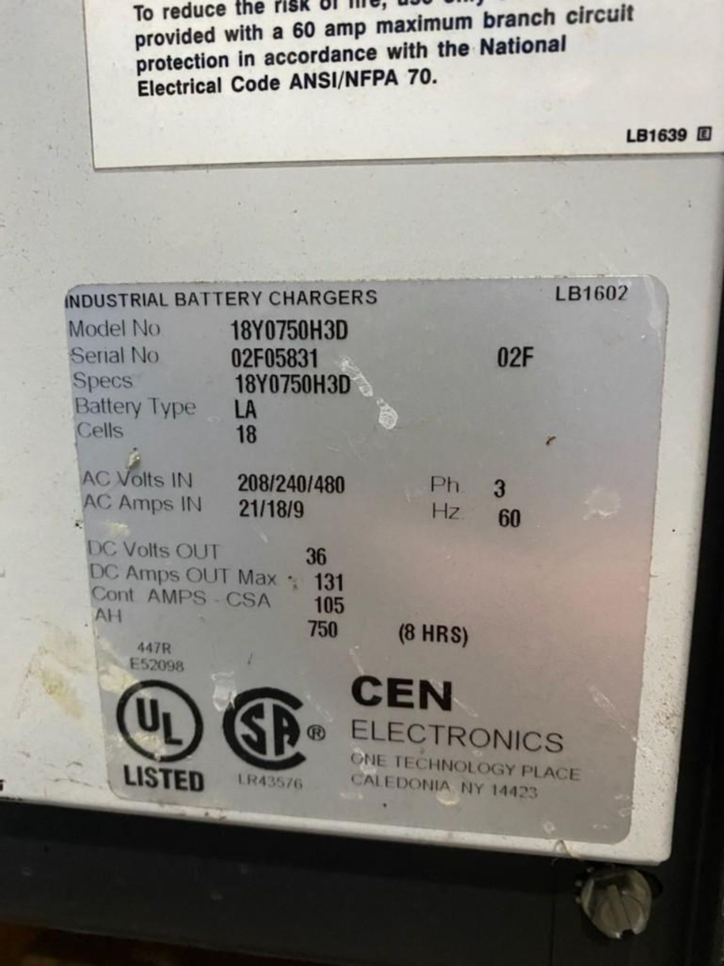 CROWN CEN 100 36 V. BATTERY CHARGER, MODEL 18Y075H3D, INPUT 208/240/480, 3-PH  ***DELAYED REMOVAL - Image 2 of 2