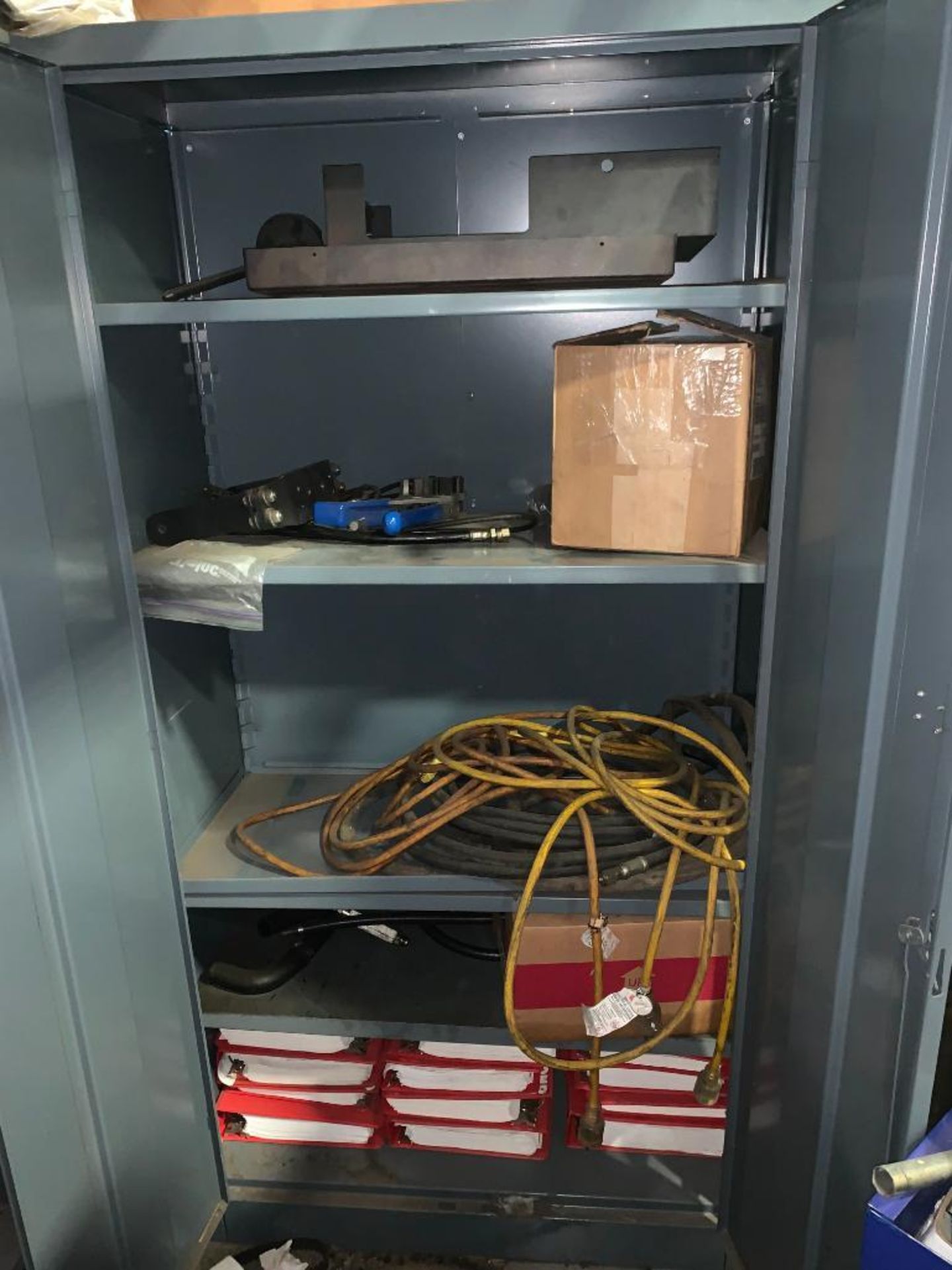 (3) SHELVES & 2-DOOR CABINETS & CONTENTS - CORDS, AIR HOSE, BELTS & HARDWARE - Image 2 of 2